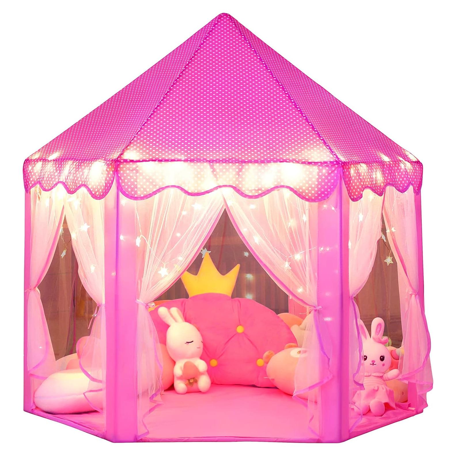 Carpa de Princesa Wilwolfer Hexagonal con Luces Rosa 121x132cm