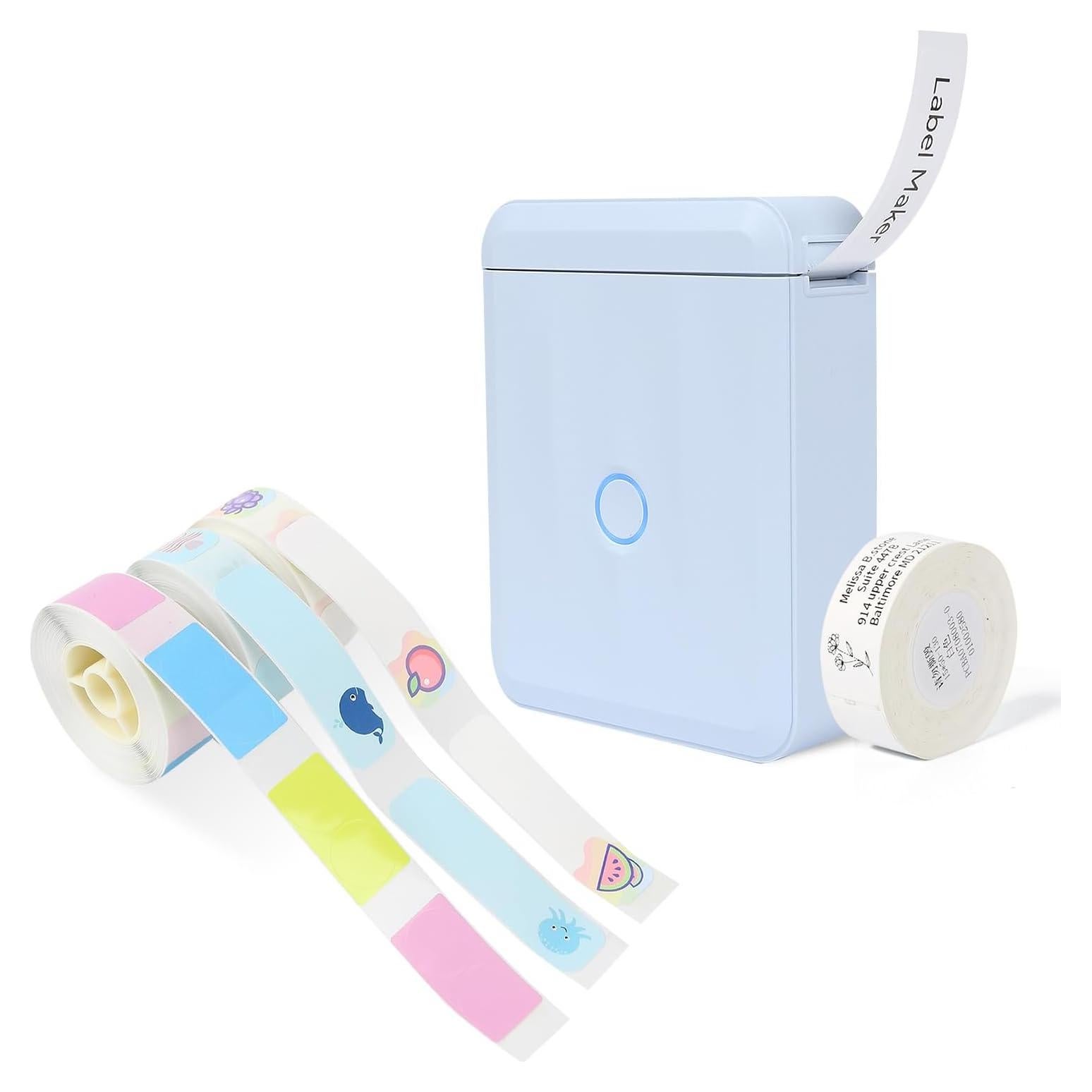 LMASBLTER D110M Blue Label Maker Machine with Tape+3 Rolls Mini Round,Fruit,Cute Fish Label Maker Tape