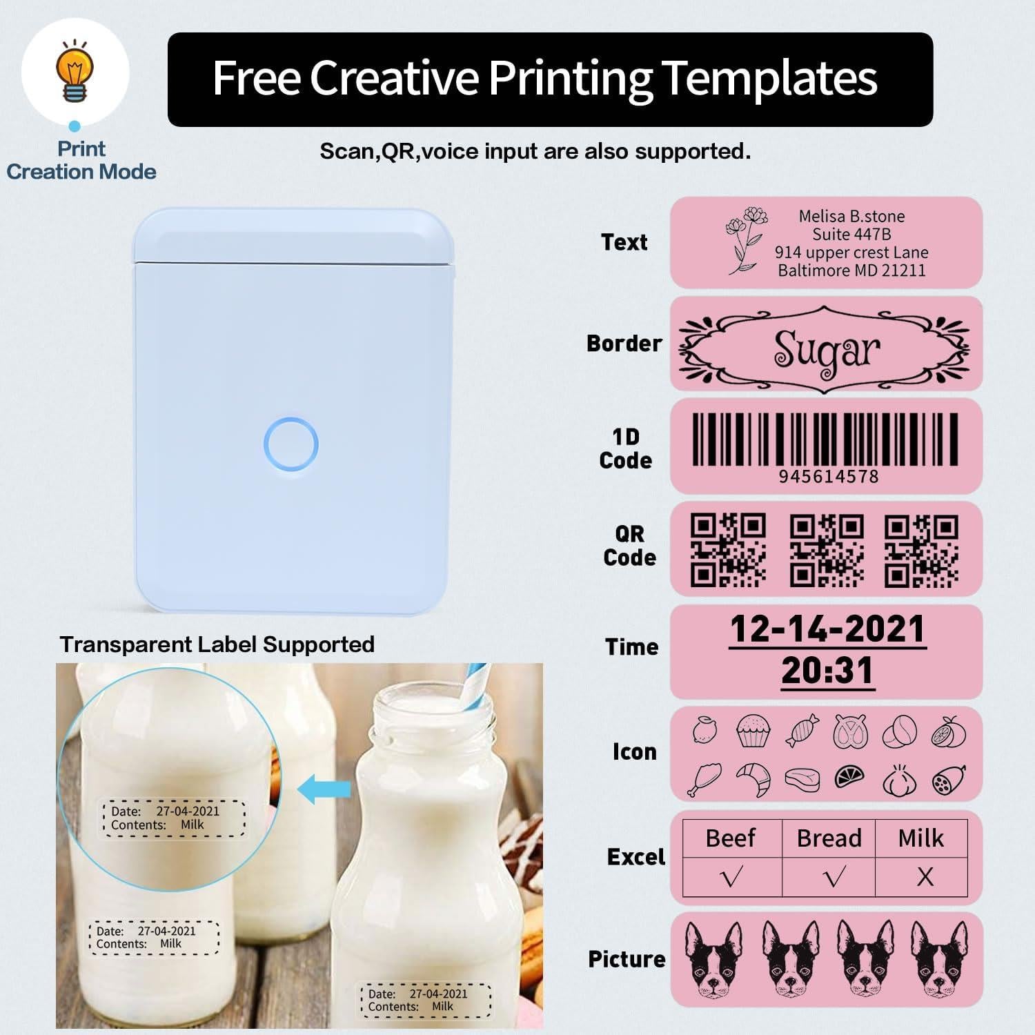 LMASBLTER D110M Blue Label Maker Machine with Tape+3 Rolls Mini Round,Fruit,Cute Fish Label Maker Tape