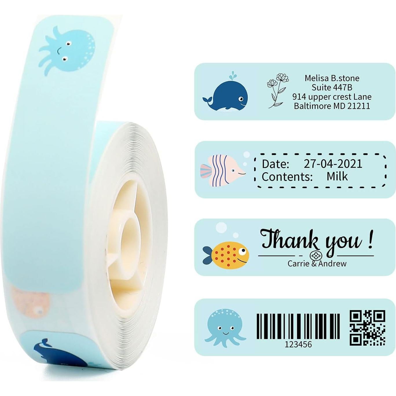 LMASBLTER D110M Blue Label Maker Machine with Tape+3 Rolls Mini Round,Fruit,Cute Fish Label Maker Tape