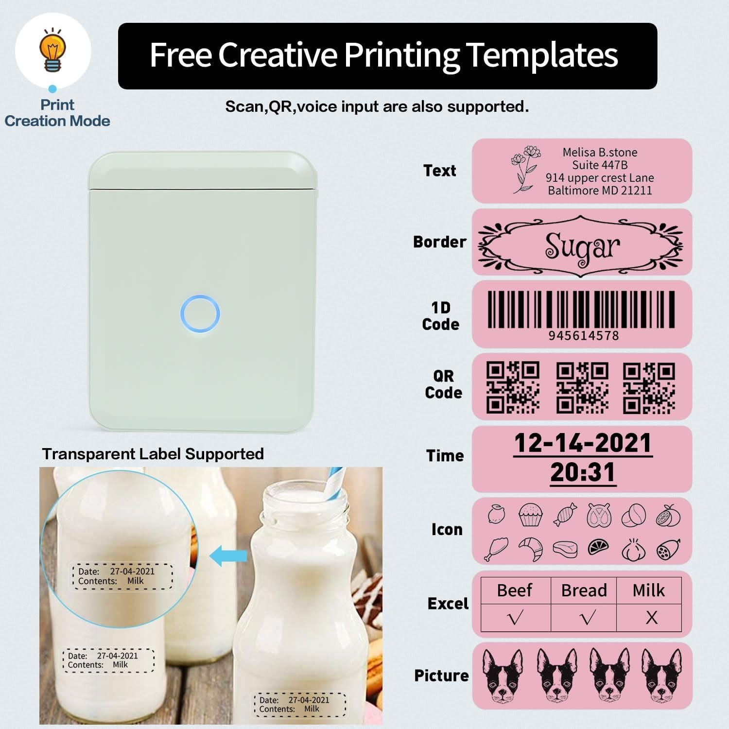 D110M Green Label Maker Machine with Tape+3 Rolls White Label Maker Tape