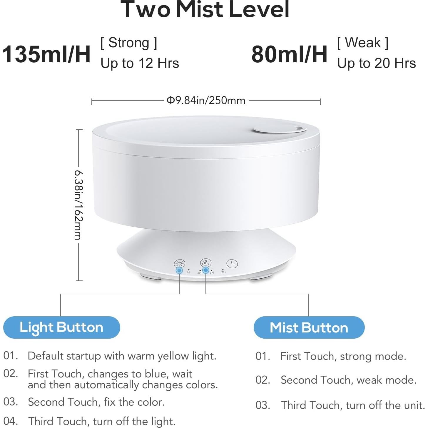 Humidificador Ultrasonico Levoair 1.6L Luz Nocturna 20h