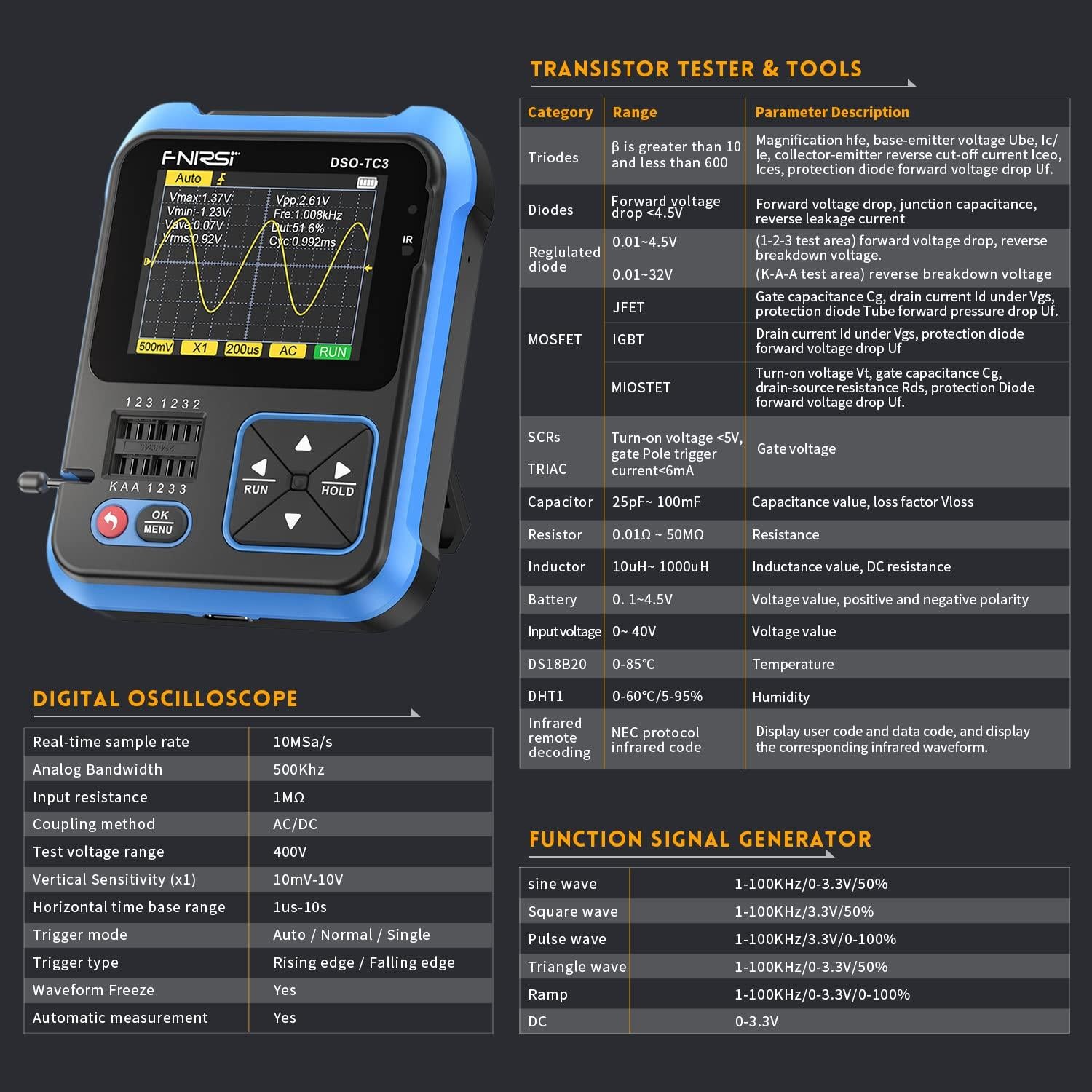Osciloscopio Digital FNIRSI DSO-TC3 500 kHz 10 MSa/s Portátil