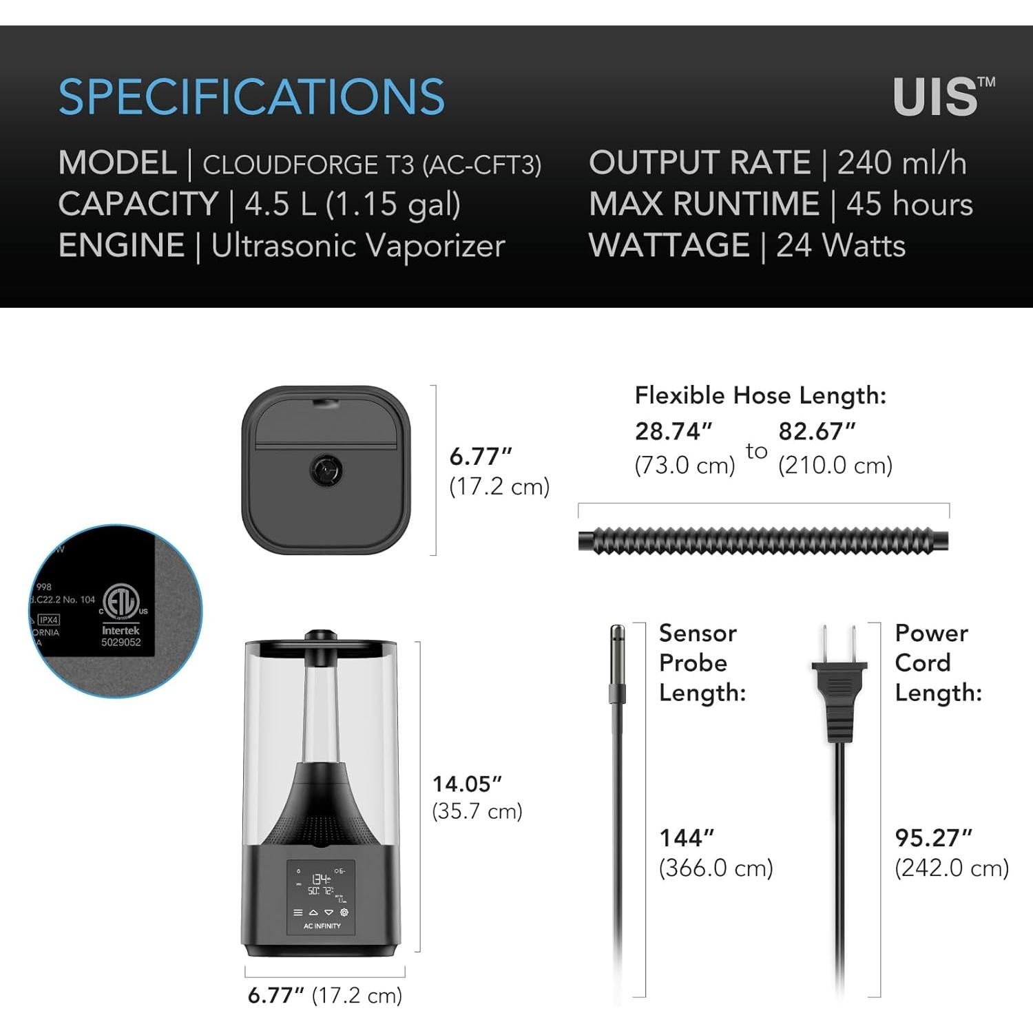 Humidificador AC Infinity CLOUDFORGE T3 4.5L con Control VPD