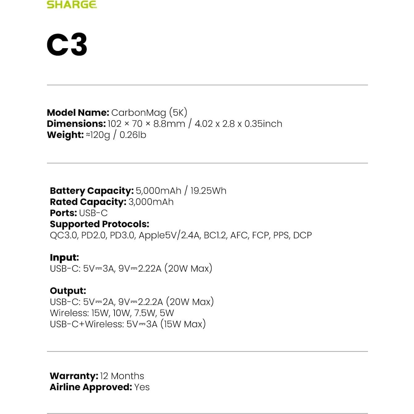 Cargador Portátil Magnético Sharge CarbonMag 5000mAh 20W
