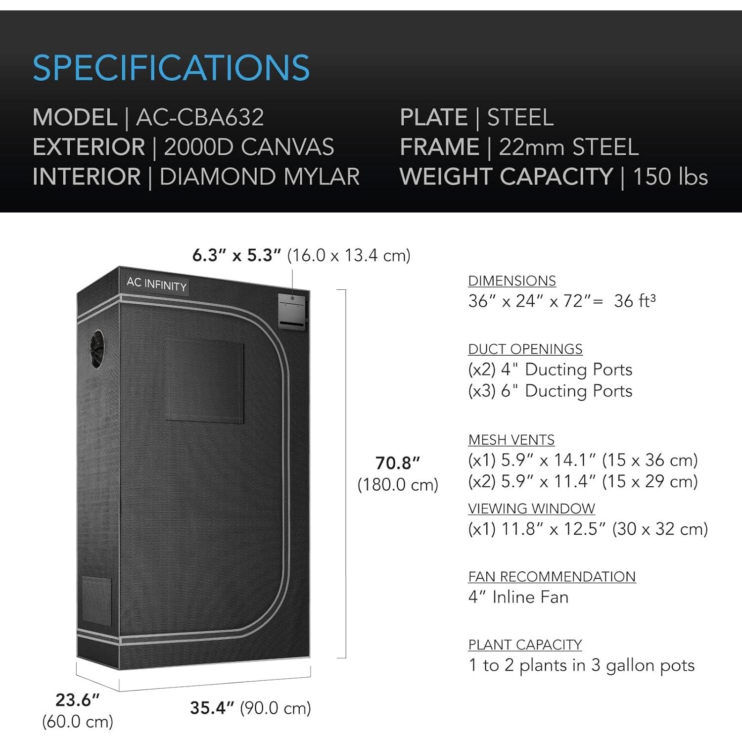Tienda de Cultivo AC Infinity 91x60x182 cm para Hidroponía