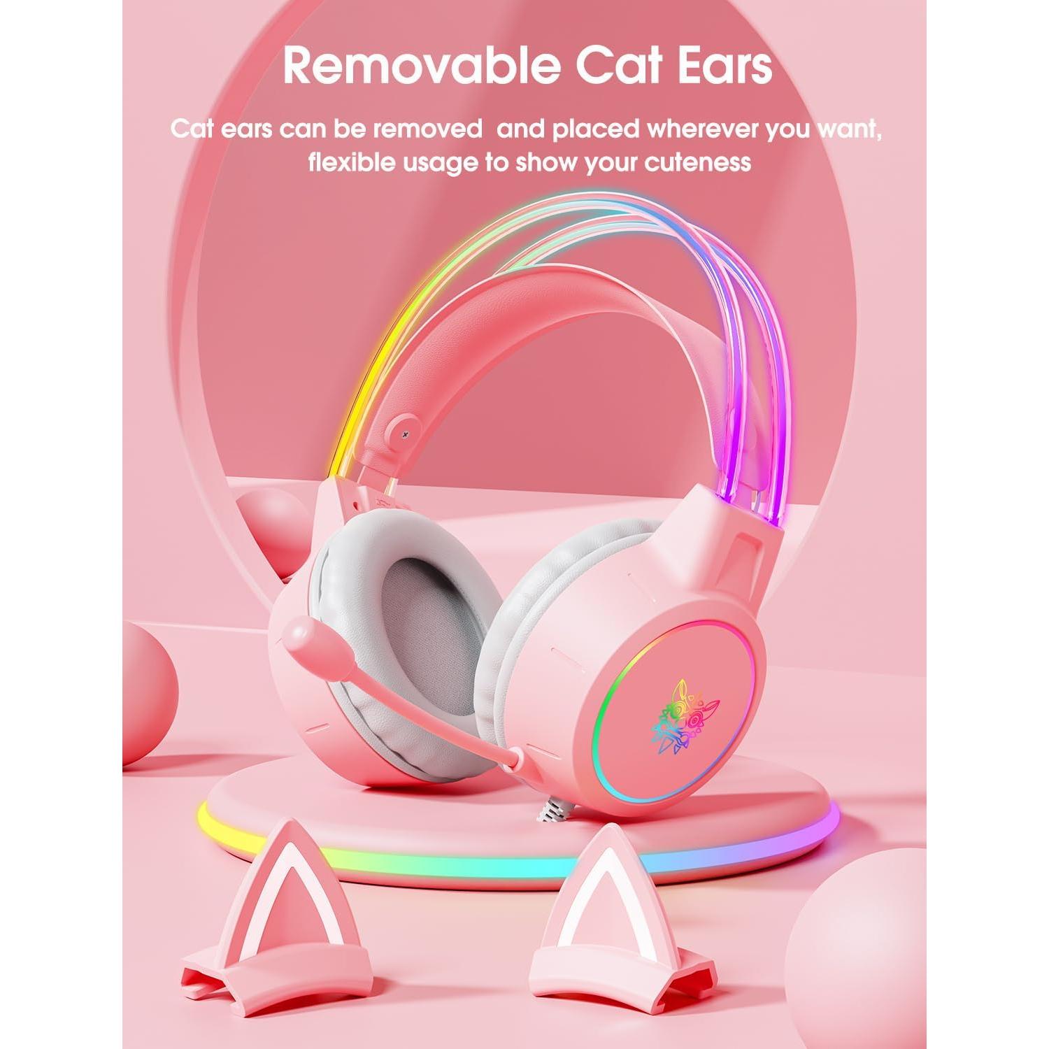 Auriculares de Juego ONITOON X15 Rosa con Orejas de Gato