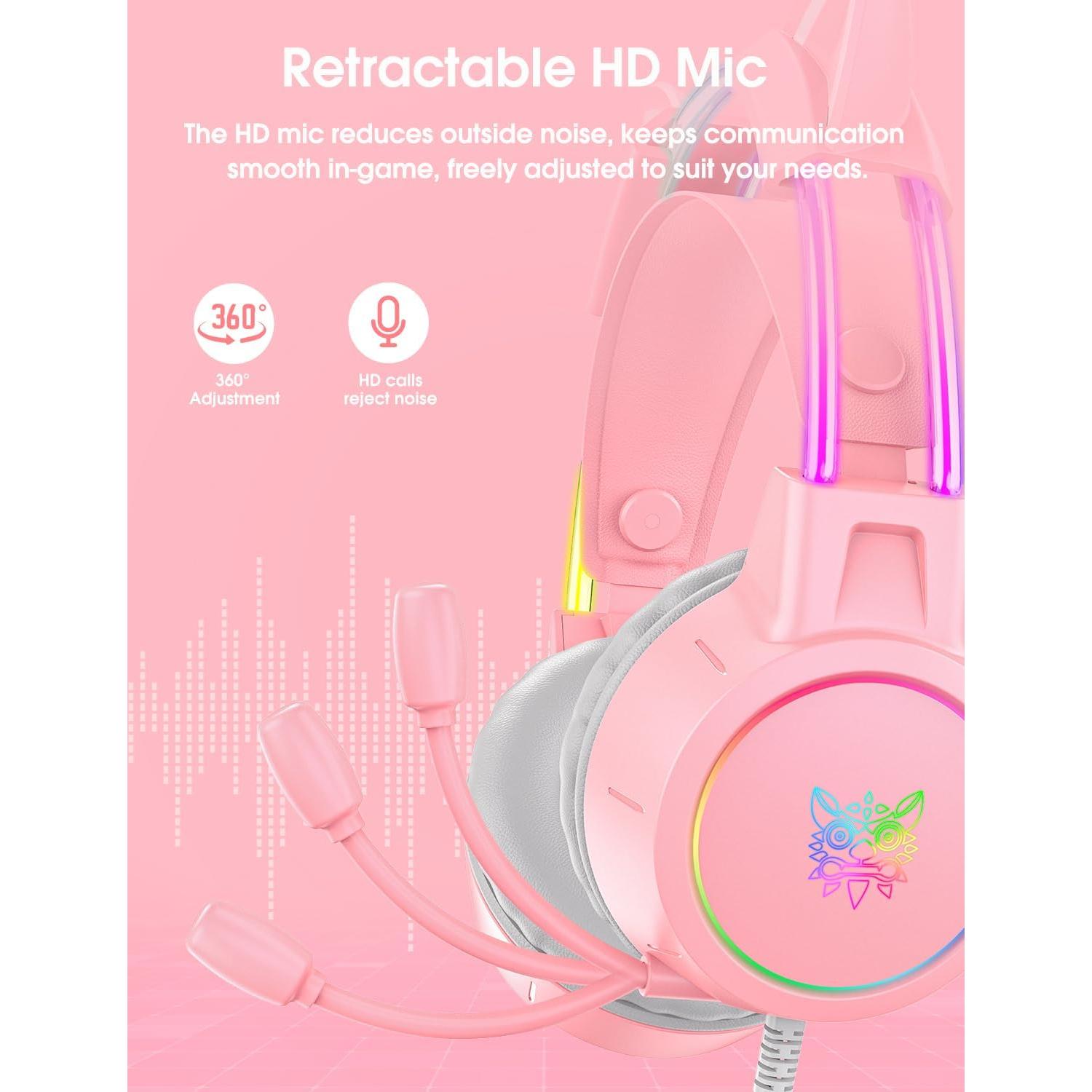 Auriculares de Juego ONITOON X15 Rosa con Orejas de Gato