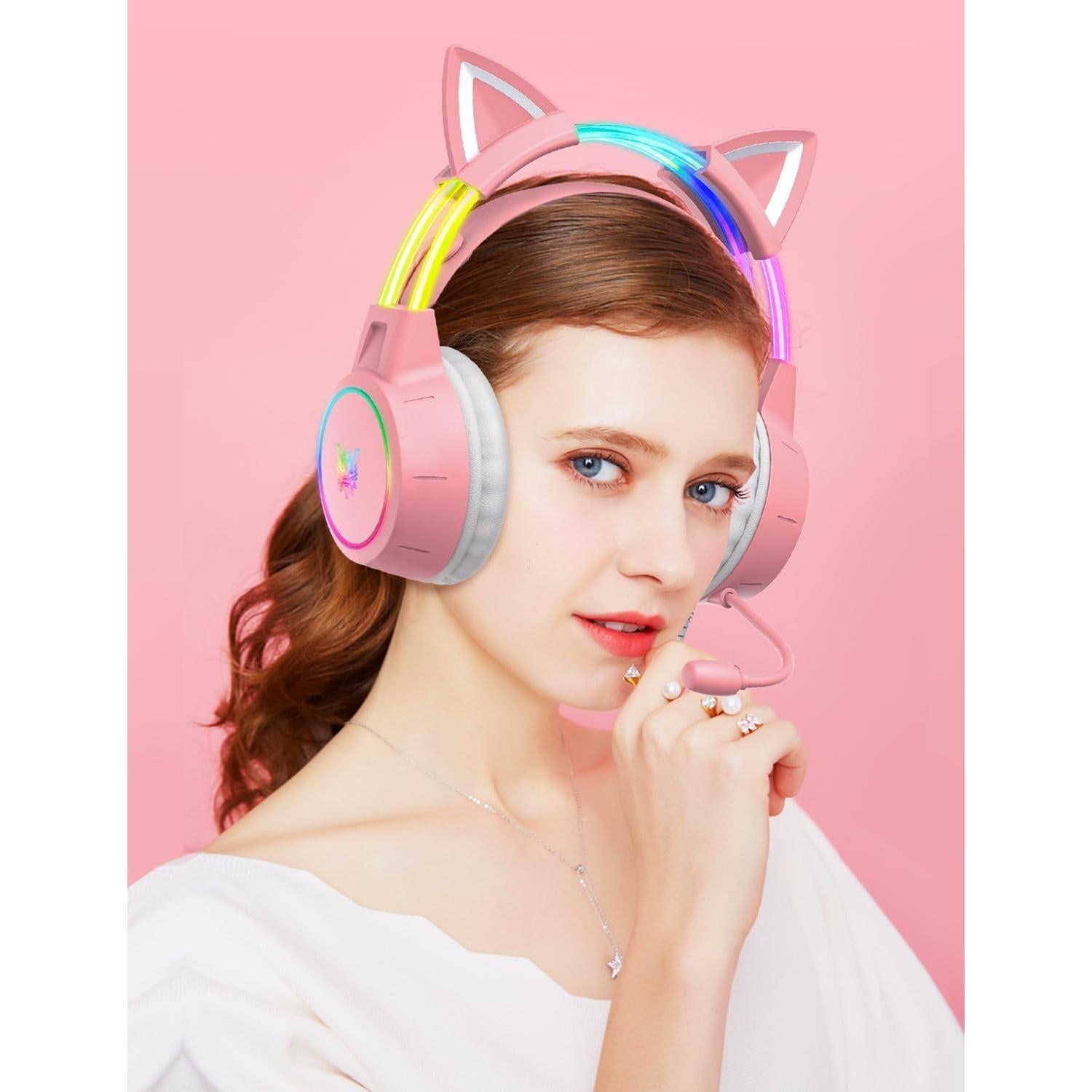 Auriculares de Juego ONITOON X15 Rosa con Orejas de Gato