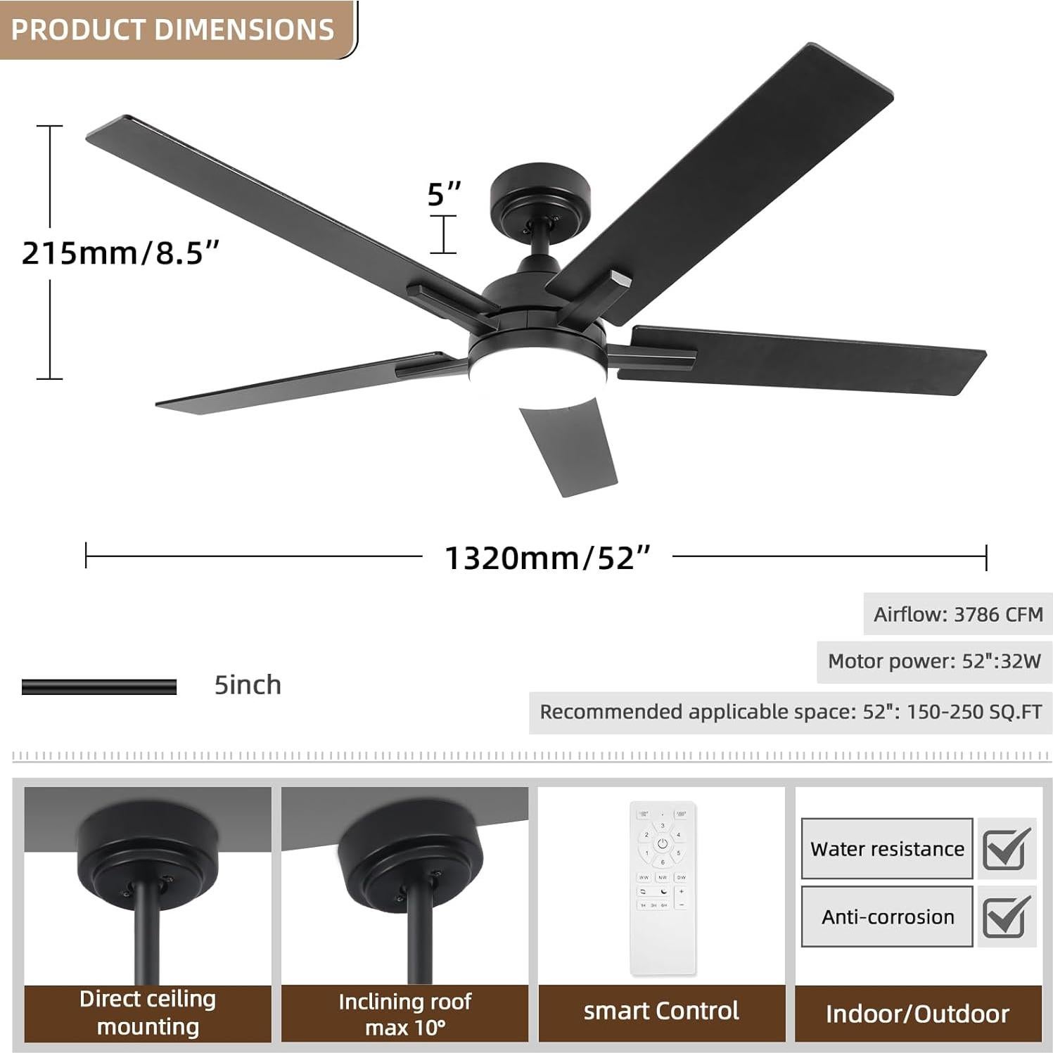 Ventilador de Techo Viossn 132cm Negro con Luz y Control Remoto