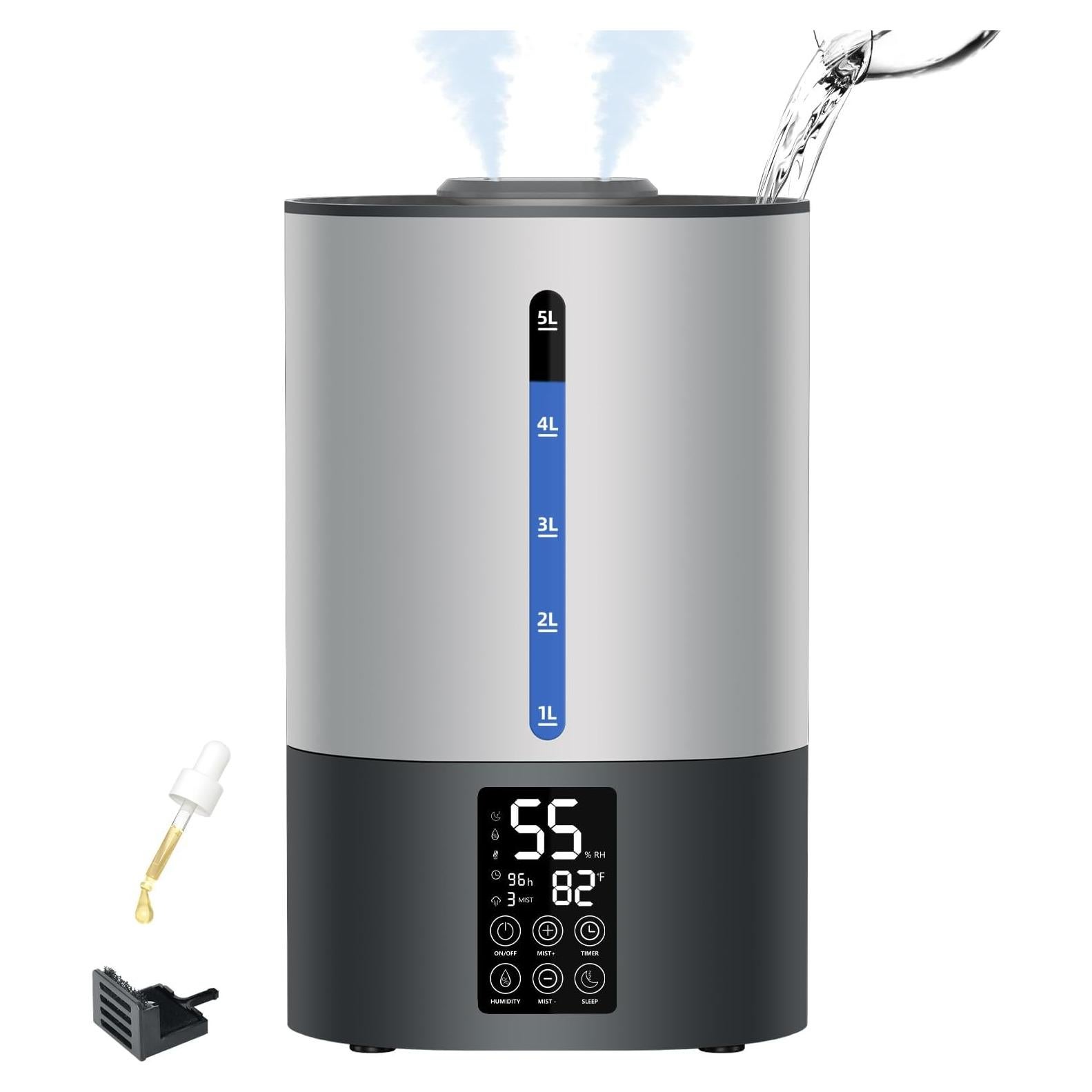 5L Humidifiers for Bedroom and Plants, Ultrasonic Cool Mist Humidifier for Baby home Mist Top Fill Desk Humidifier Essential Oil Diffuser, Quiet Humidifiers with Adjustable Mist,360°Nozzle-Gray
