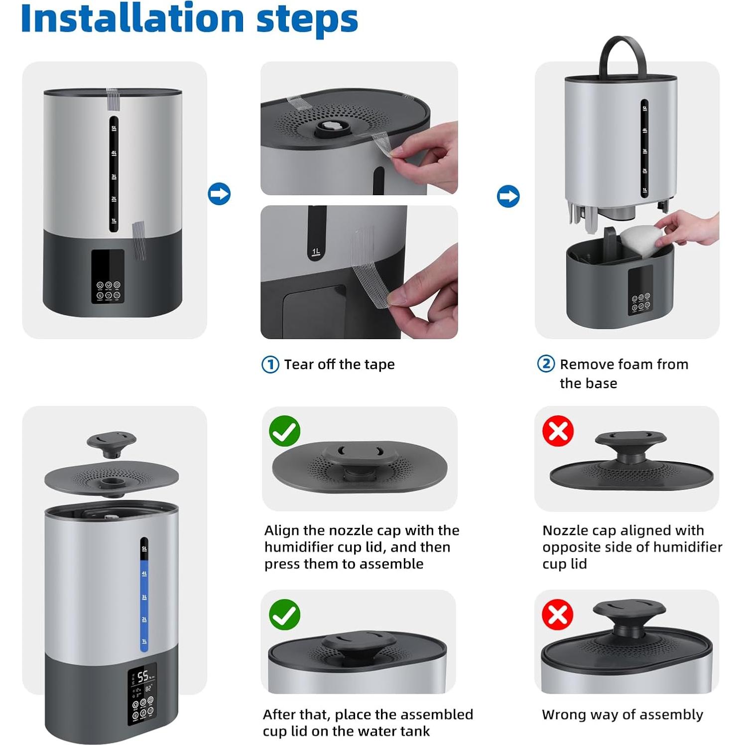 5L Humidifiers for Bedroom and Plants, Ultrasonic Cool Mist Humidifier for Baby home Mist Top Fill Desk Humidifier Essential Oil Diffuser, Quiet Humidifiers with Adjustable Mist,360°Nozzle-Gray