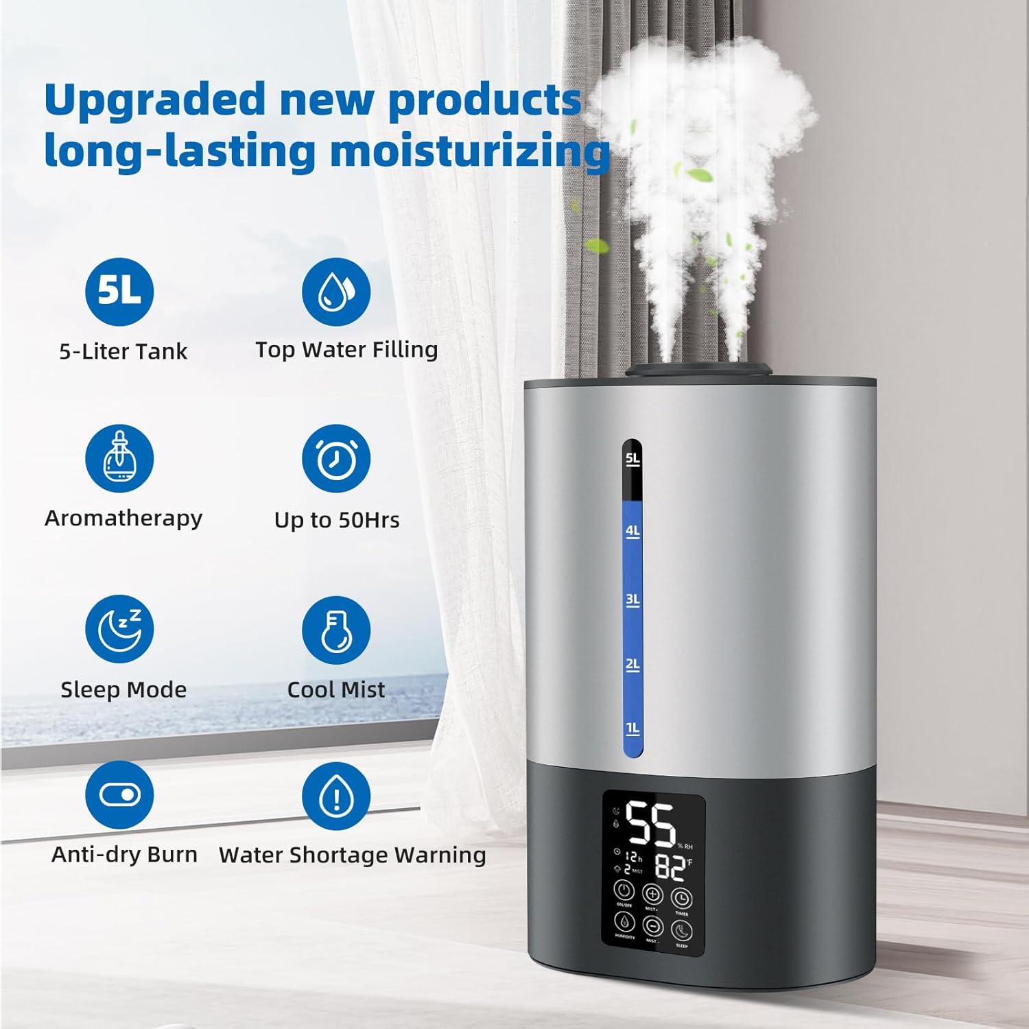 5L Humidifiers for Bedroom and Plants, Ultrasonic Cool Mist Humidifier for Baby home Mist Top Fill Desk Humidifier Essential Oil Diffuser, Quiet Humidifiers with Adjustable Mist,360°Nozzle-Gray