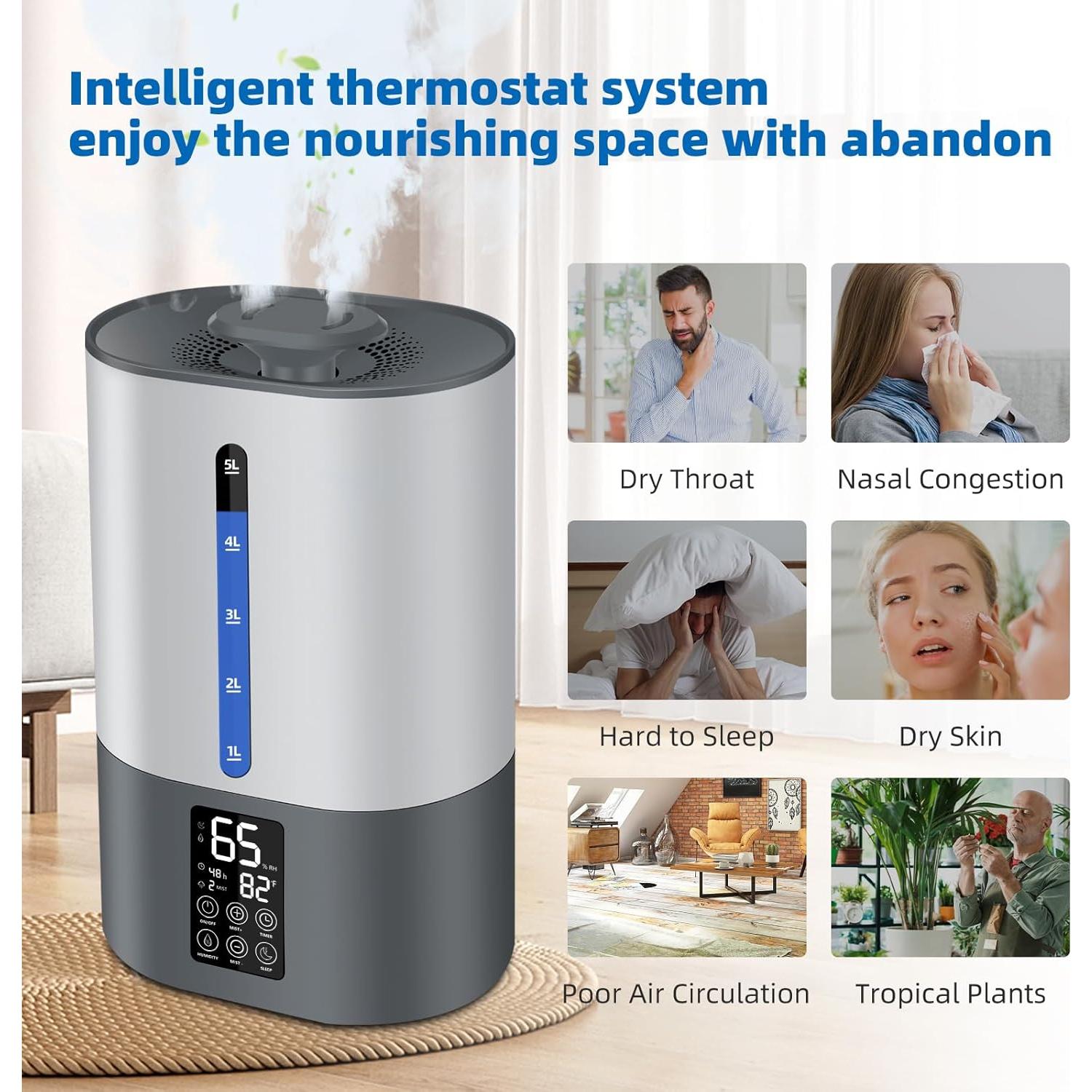 5L Humidifiers for Bedroom and Plants, Ultrasonic Cool Mist Humidifier for Baby home Mist Top Fill Desk Humidifier Essential Oil Diffuser, Quiet Humidifiers with Adjustable Mist,360°Nozzle-Gray