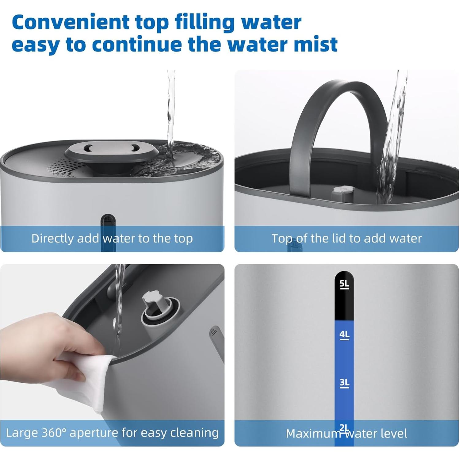 5L Humidifiers for Bedroom and Plants, Ultrasonic Cool Mist Humidifier for Baby home Mist Top Fill Desk Humidifier Essential Oil Diffuser, Quiet Humidifiers with Adjustable Mist,360°Nozzle-Gray
