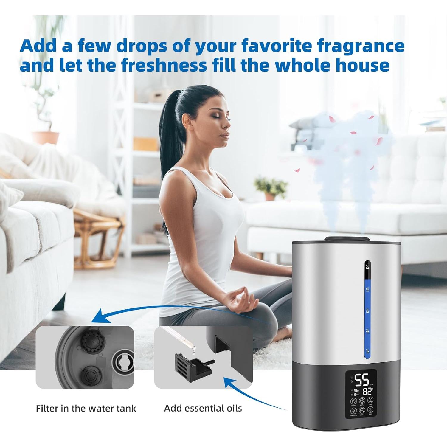 5L Humidifiers for Bedroom and Plants, Ultrasonic Cool Mist Humidifier for Baby home Mist Top Fill Desk Humidifier Essential Oil Diffuser, Quiet Humidifiers with Adjustable Mist,360°Nozzle-Gray