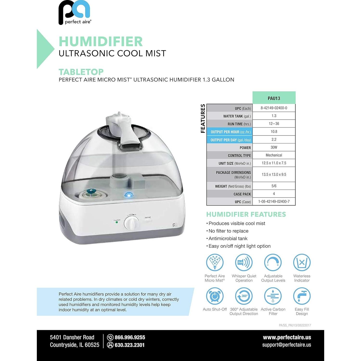 Humidificador ultrasónico Perfect Aire PAU13 2.2L gris