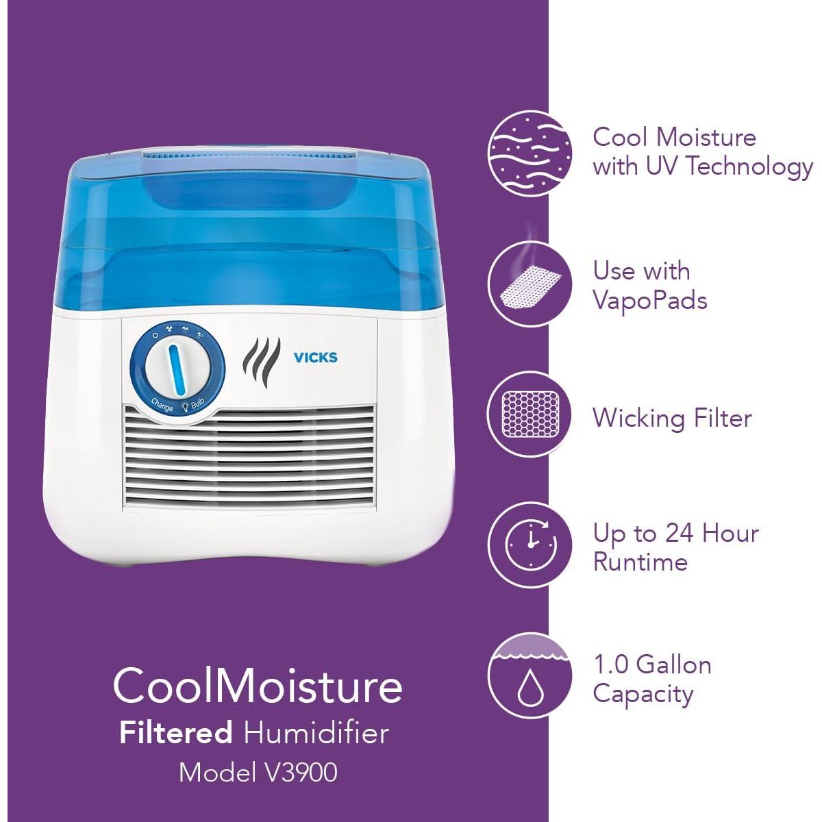 Humidificador Vicks V3900 de Vapor Frío 2,59 kg con Luz UV