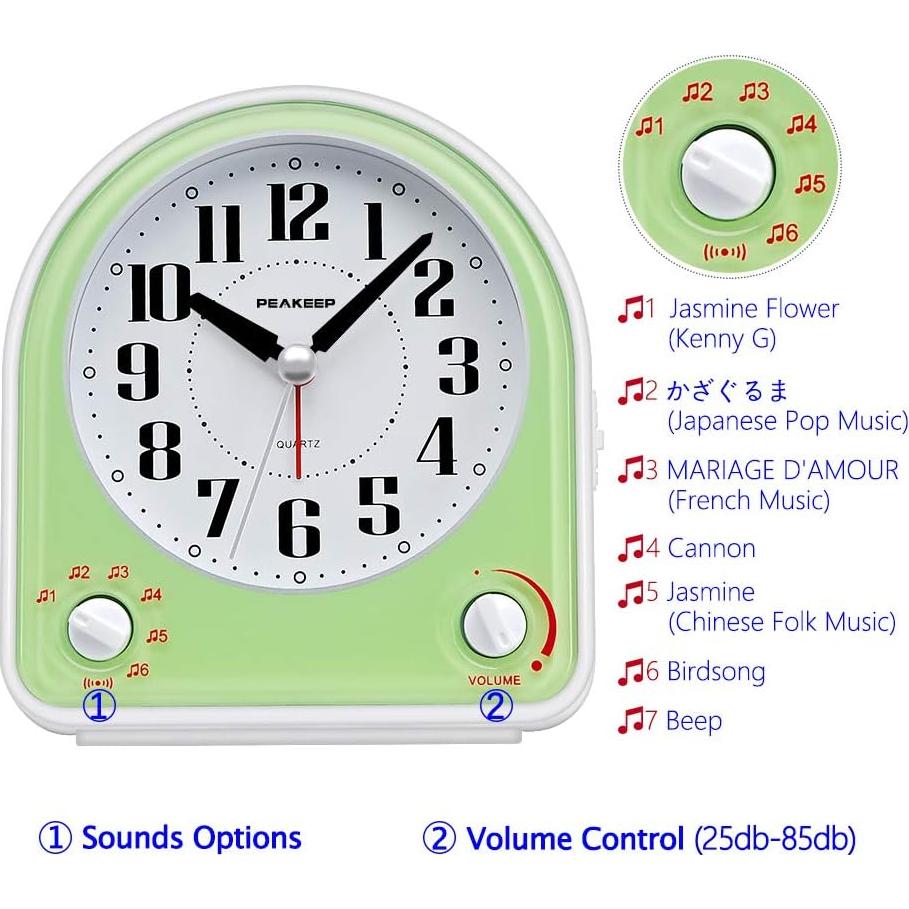 Reloj Despertador Analógico Peakeep Verde Silencioso 7 Sonidos