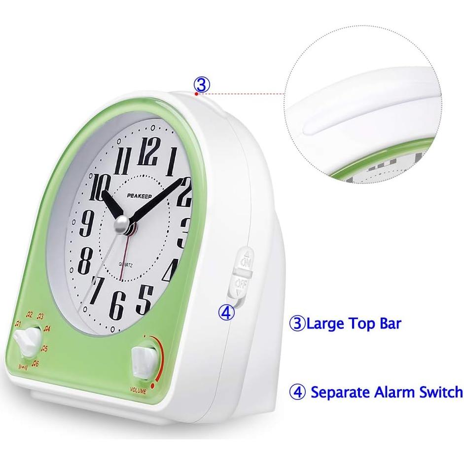 Reloj Despertador Analógico Peakeep Verde Silencioso 7 Sonidos