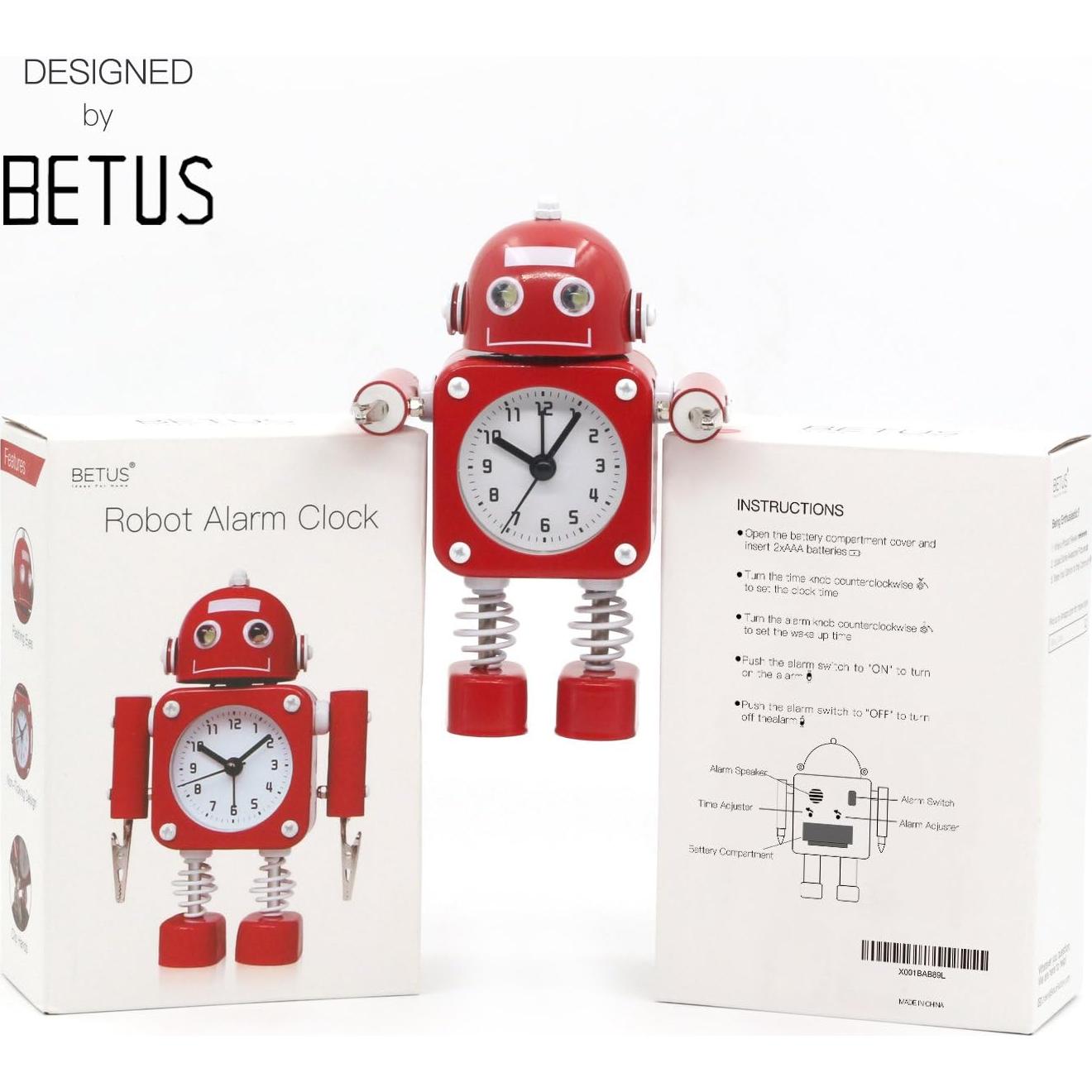 Reloj Despertador Robot Betus Rojo Rubí Sin Tic Tac