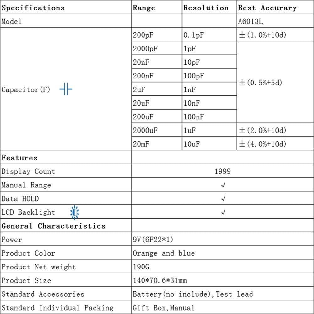 Probador de Capacitores Honeytek A6013L Portátil 200pF-20mF
