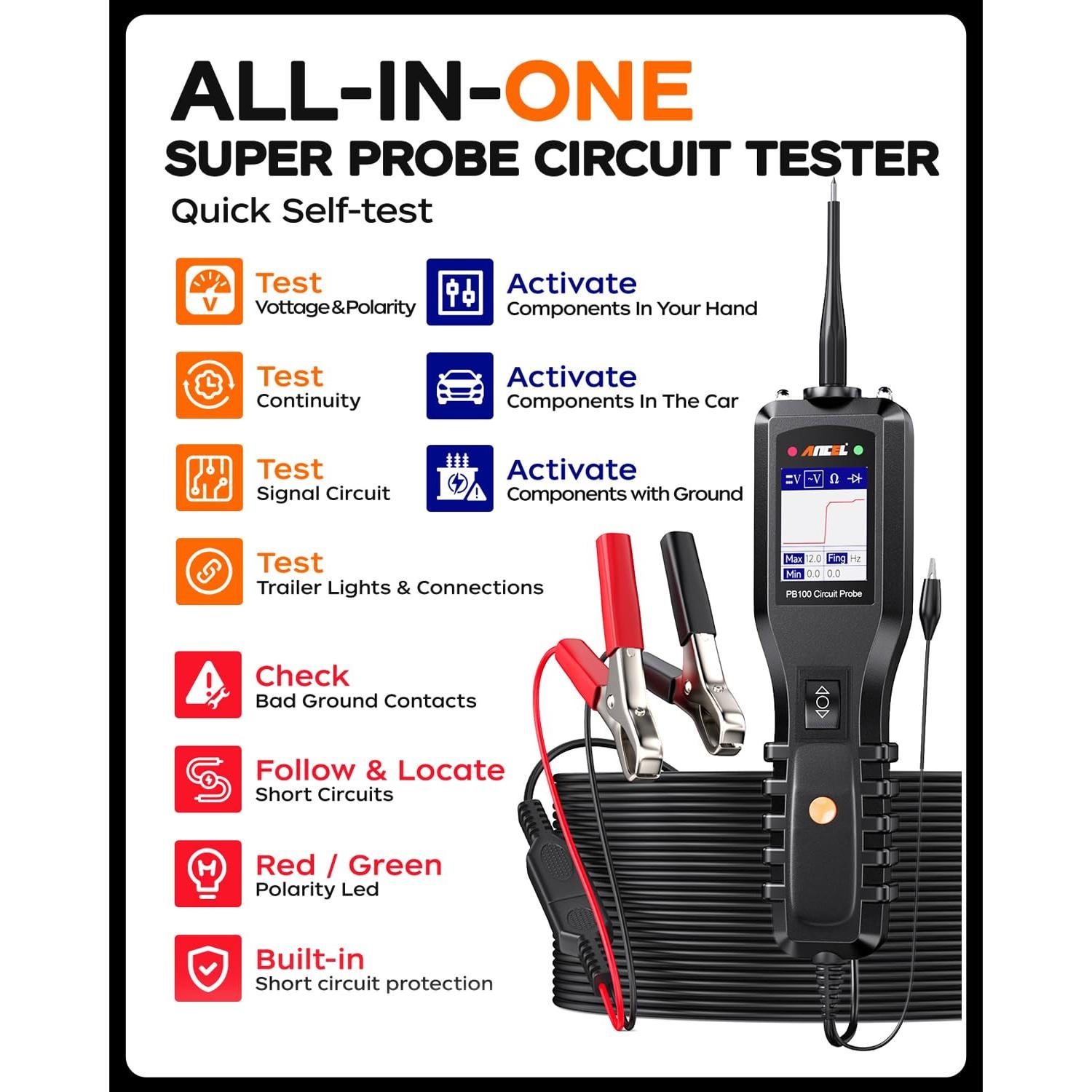Probador de Circuito ANCEL PB100 12-24V Digital 40 pies