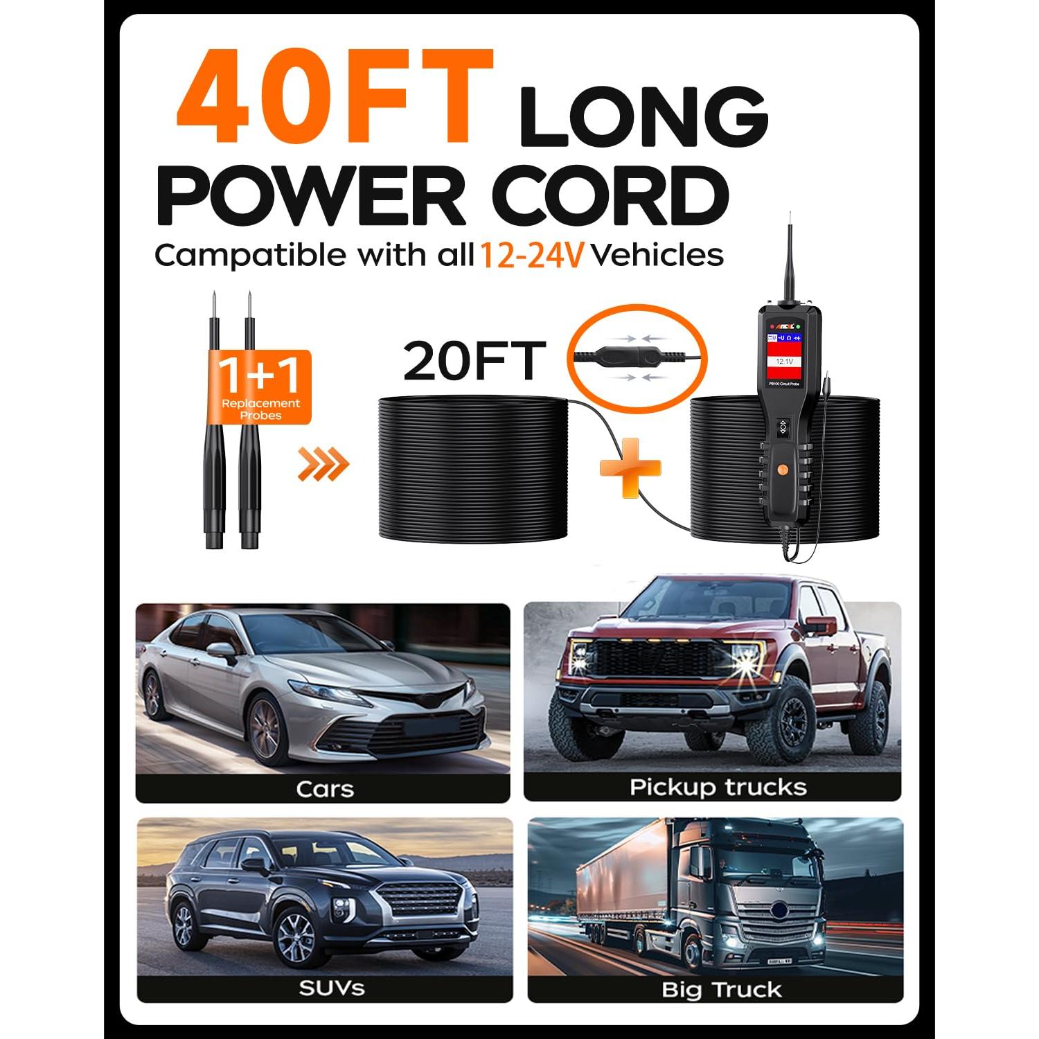 Probador de Circuito ANCEL PB100 12-24V Digital 40 pies