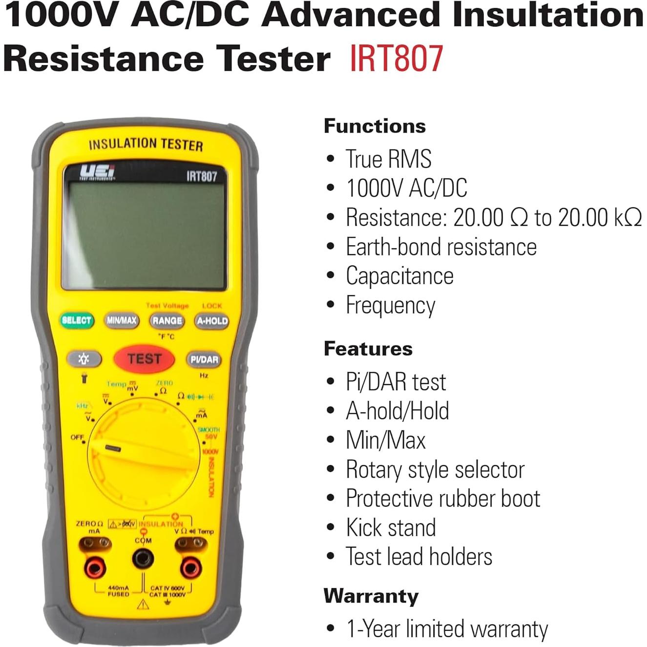 Probador de Aislamiento UEi IRT807 1000V 2GΩ Profesional