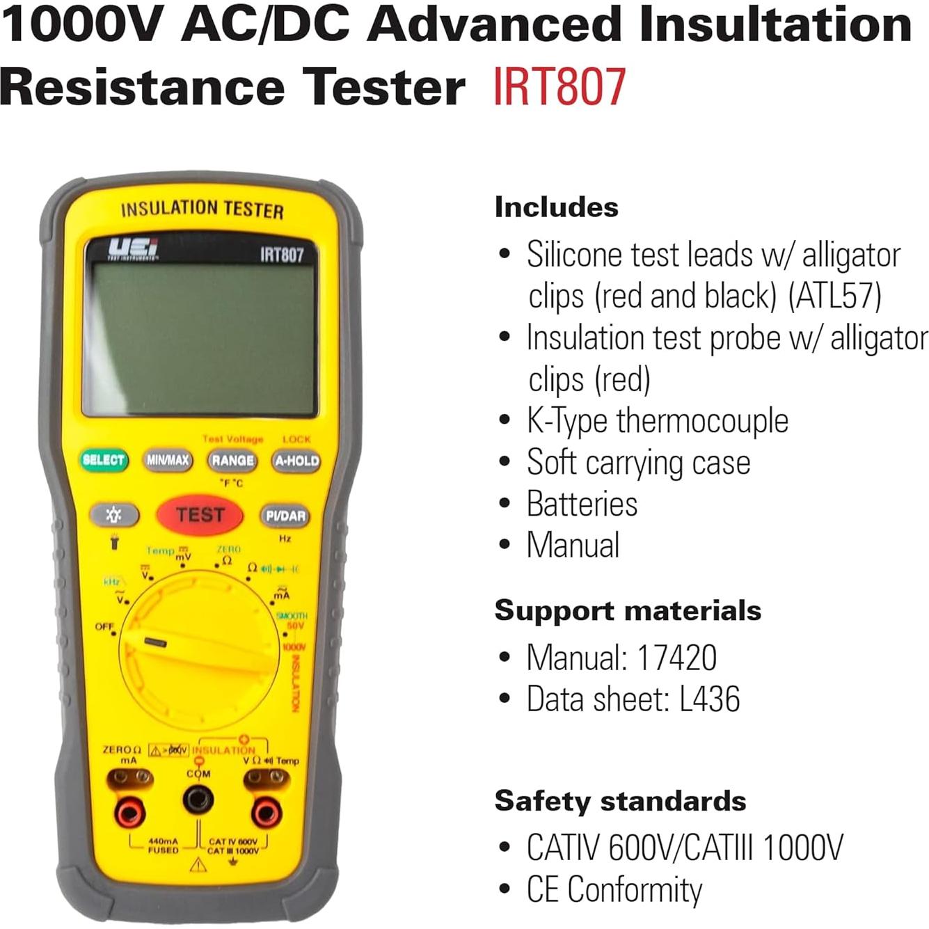 Probador de Aislamiento UEi IRT807 1000V 2GΩ Profesional