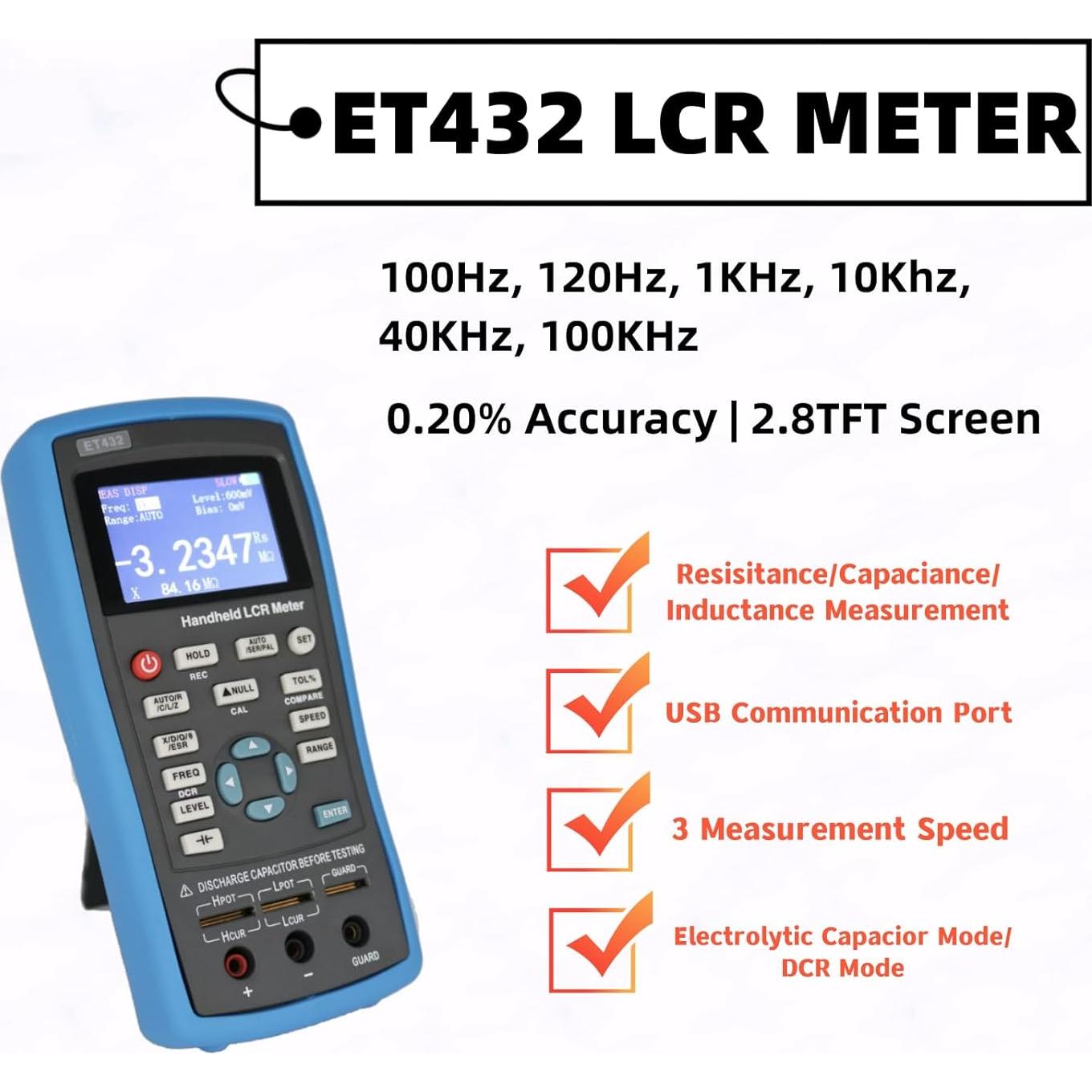 Medidor LCR Digital HZZC ET432 100KHz 0.2% Precisión USB