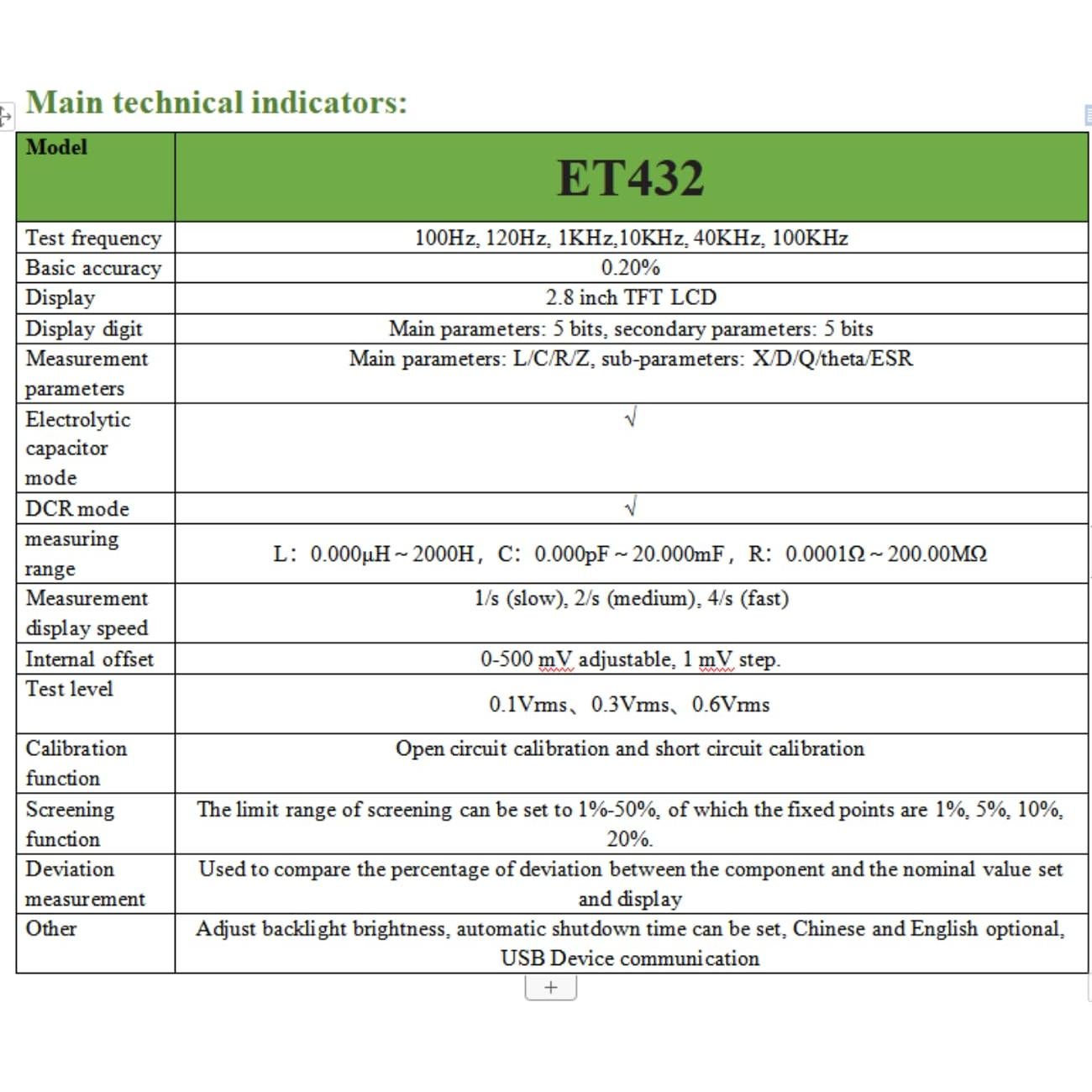 Medidor LCR Digital HZZC ET432 100KHz 0.2% Precisión USB
