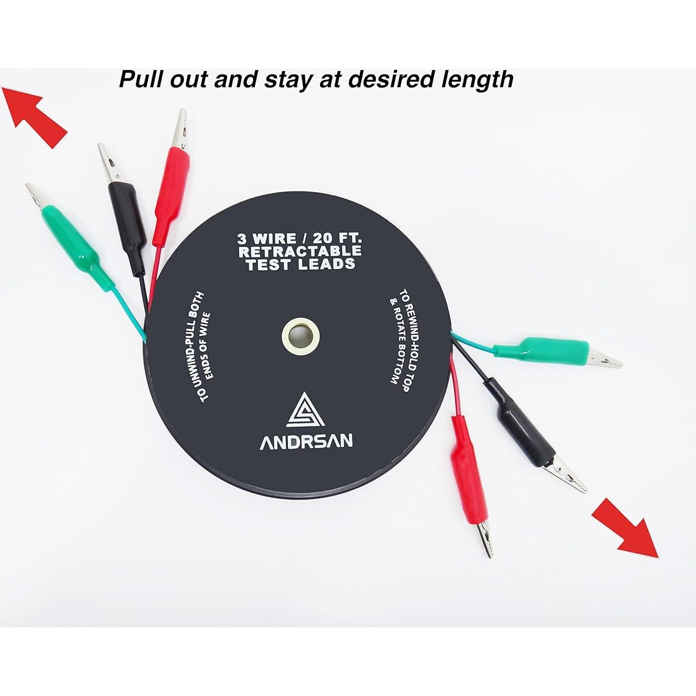 Cables de Prueba Retráctiles 3 Hilos 6,10 m 18 AWG Clips Cocodrilo