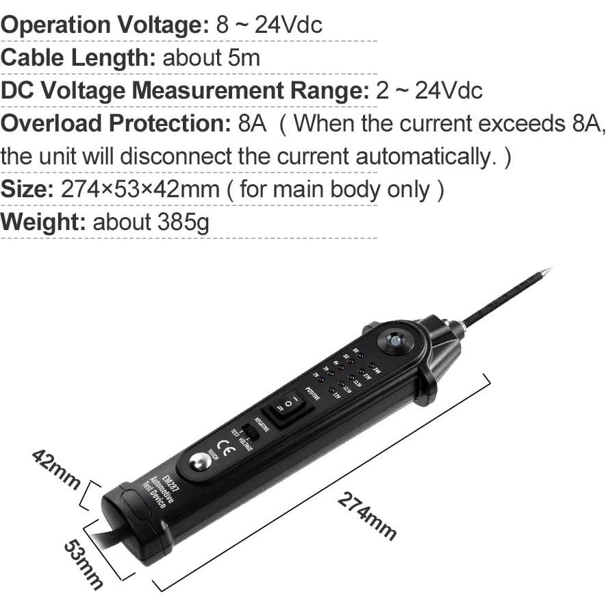 Probador de Circuito Automotriz allsun EM287 2-24V DC 5m