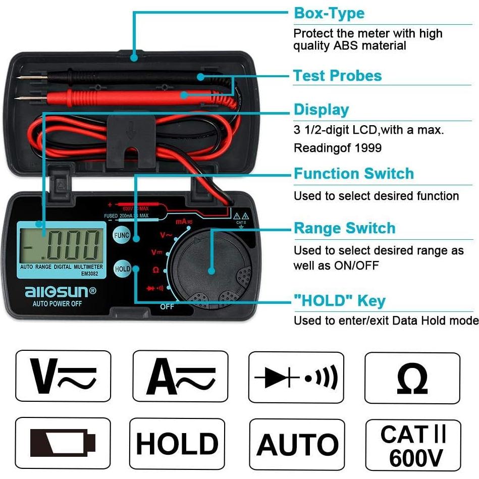 Multímetro Digital Compacto ALLOSUN EM3082 Auto Rango 0.15 kg