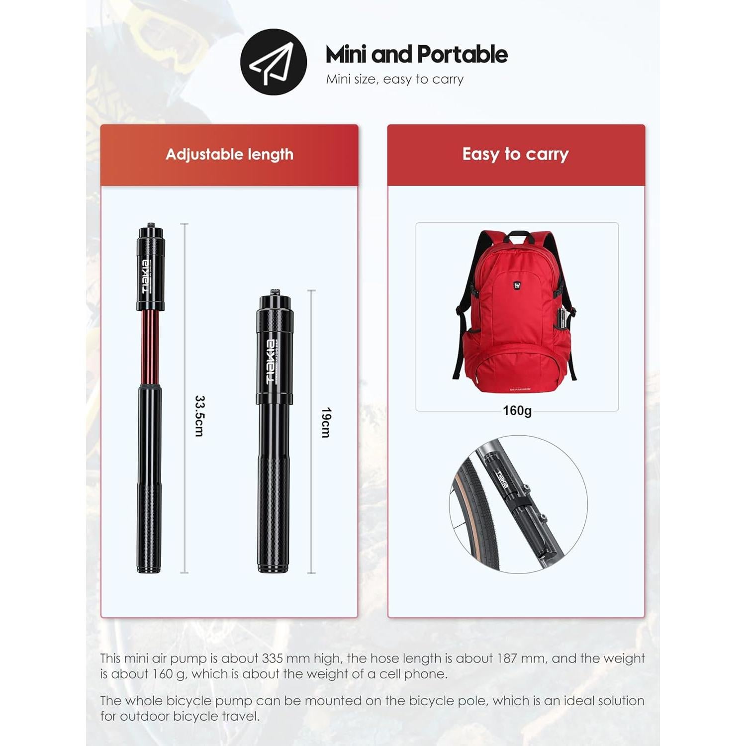 Bomba de Bicicleta Mini Tiakia 260 PSI Aluminio Negra