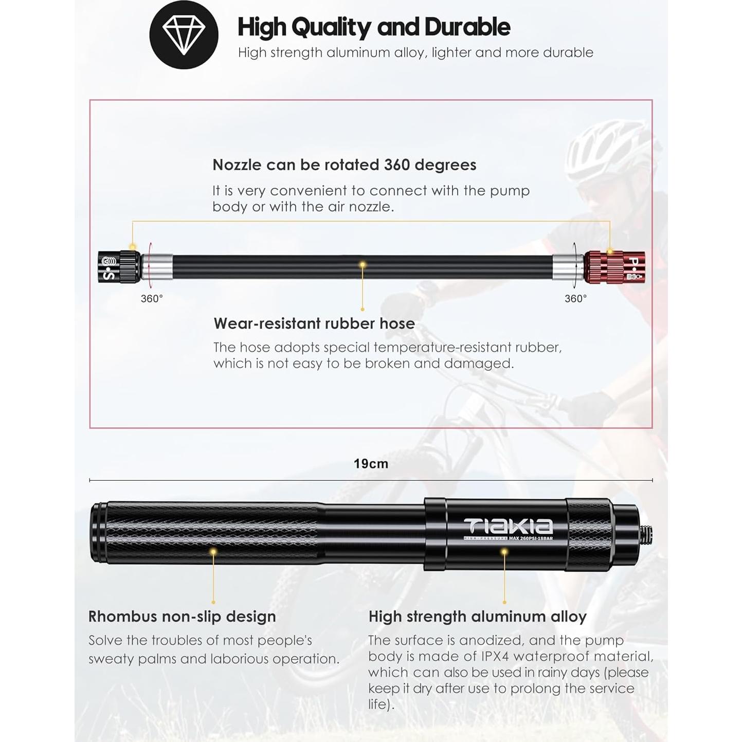 Bomba de Bicicleta Mini Tiakia 260 PSI Aluminio Negra