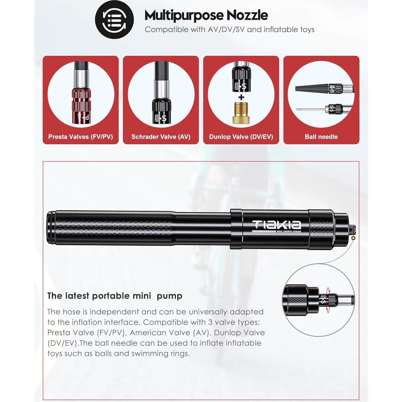 Bomba de Bicicleta Mini Tiakia 260 PSI Aluminio Negra