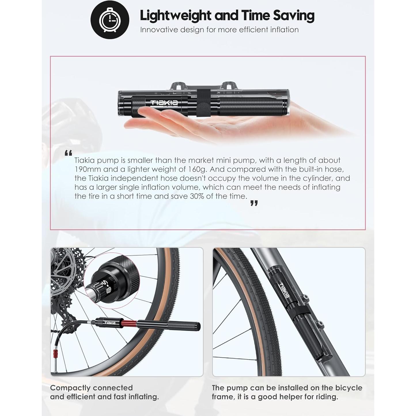 Bomba de Bicicleta Mini Tiakia 260 PSI Aluminio Negra