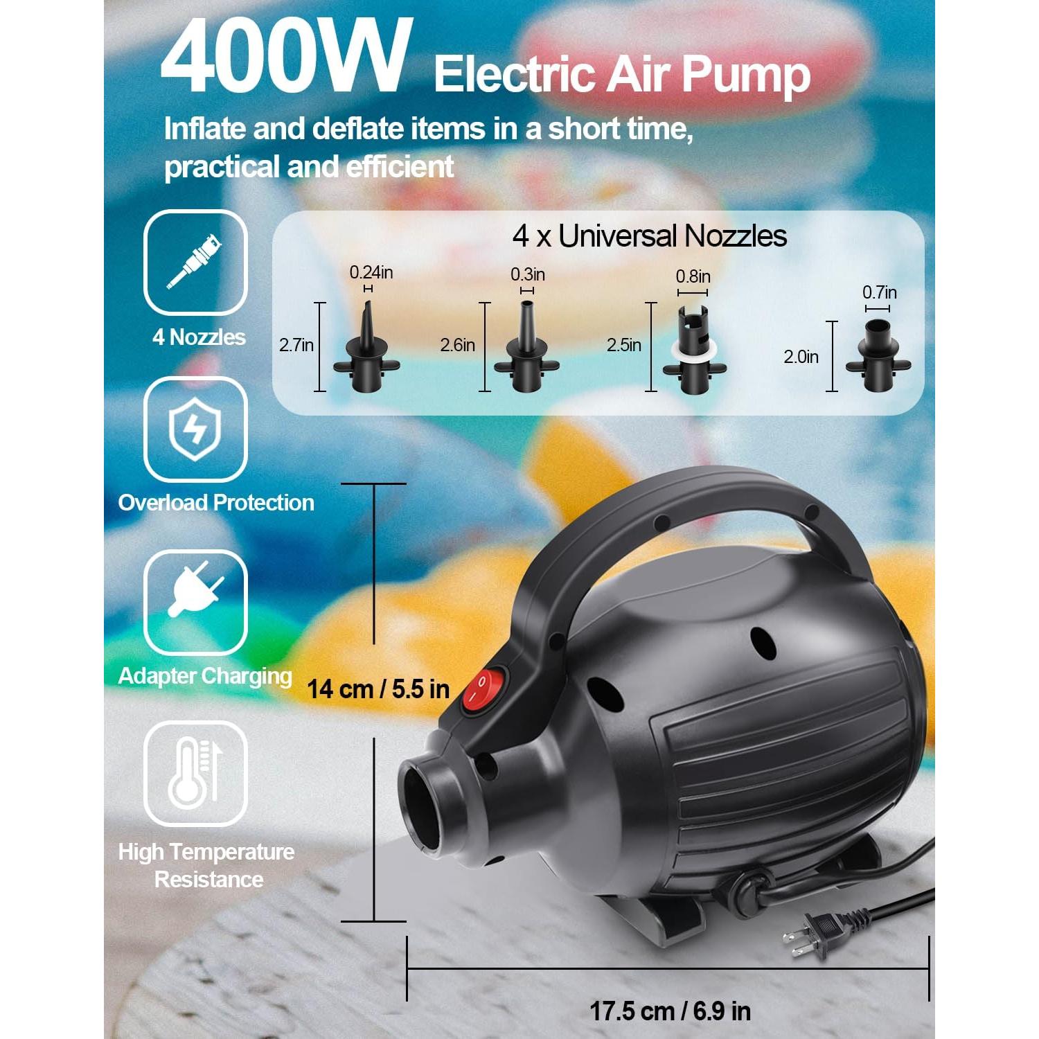 Bomba de Aire Eléctrica VEBESYET 400W Inflador/Desinflador 4 Boquillas