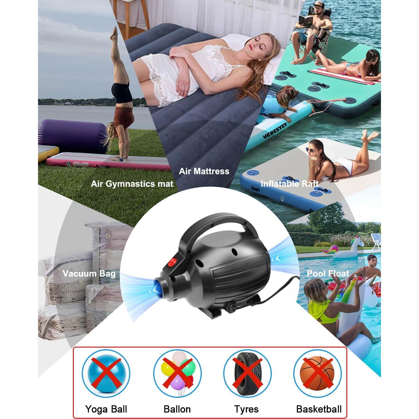 Bomba de Aire Eléctrica VEBESYET 400W Inflador/Desinflador 4 Boquillas