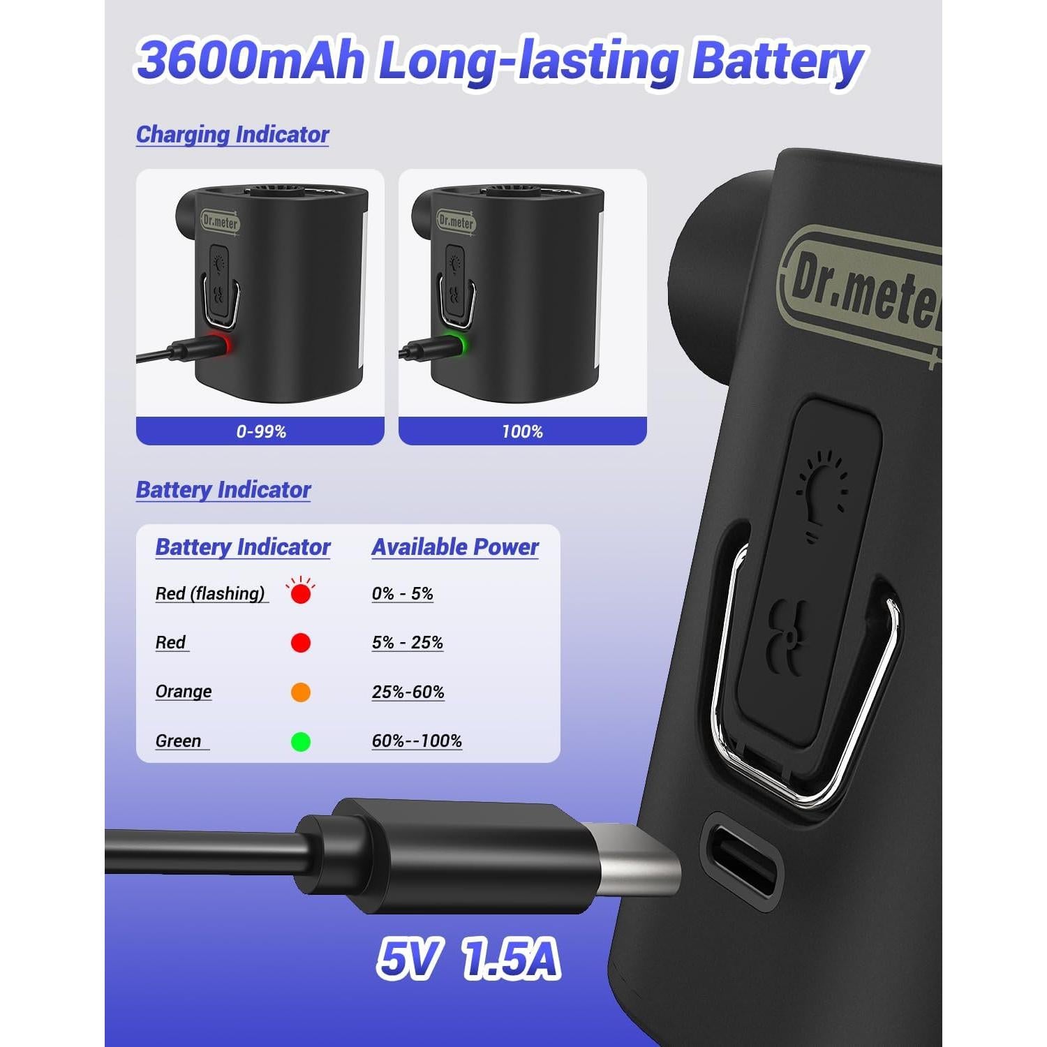 Bomba de aire portátil Dr.meter 3600mAh inflar y desinflar rápido