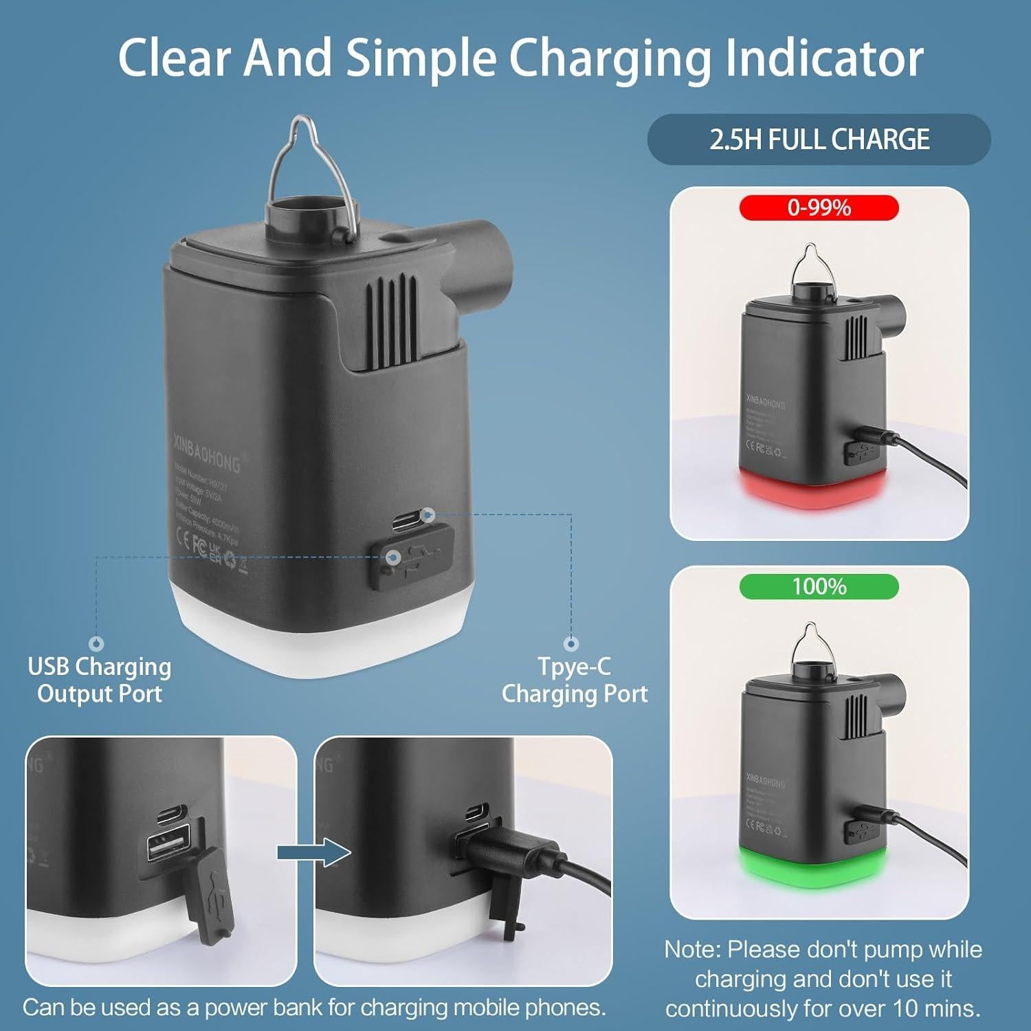 Bomba de Aire Portátil XINBAOHONG H9727 con Luz LED 4000mAh