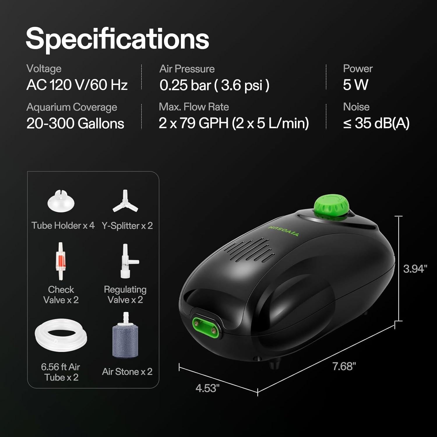 Kit de Bomba de Aire VIVOSUN 605 L/h para Acuarios 20-300 Gal