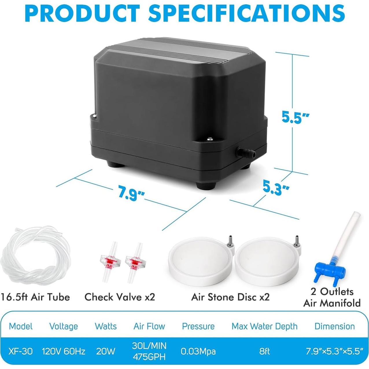 Bomba de Aire Silenciosa PONDFORSE 30L/min 20W Ajustable