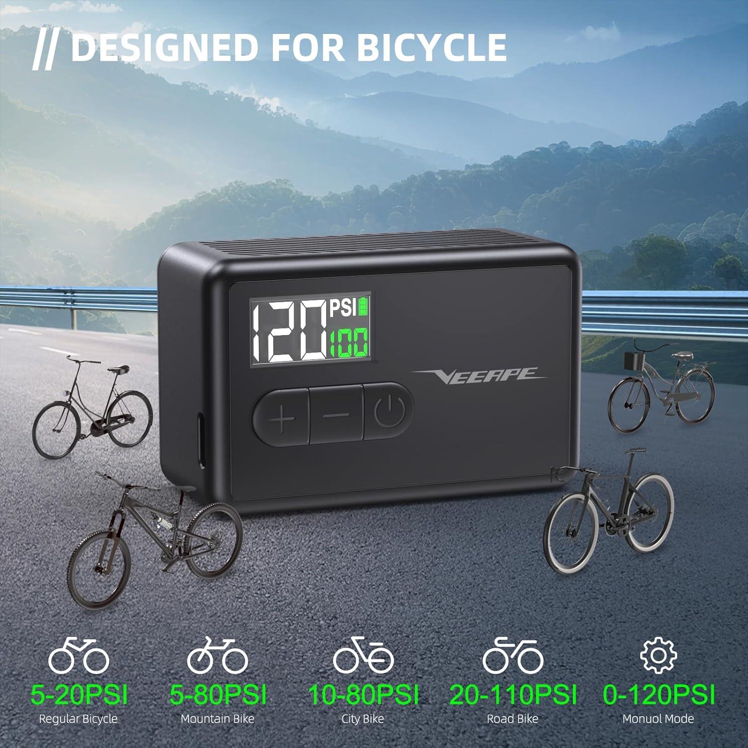 Bomba de Aire Eléctrica VEEAPE Mini 120 PSI para Bicicleta