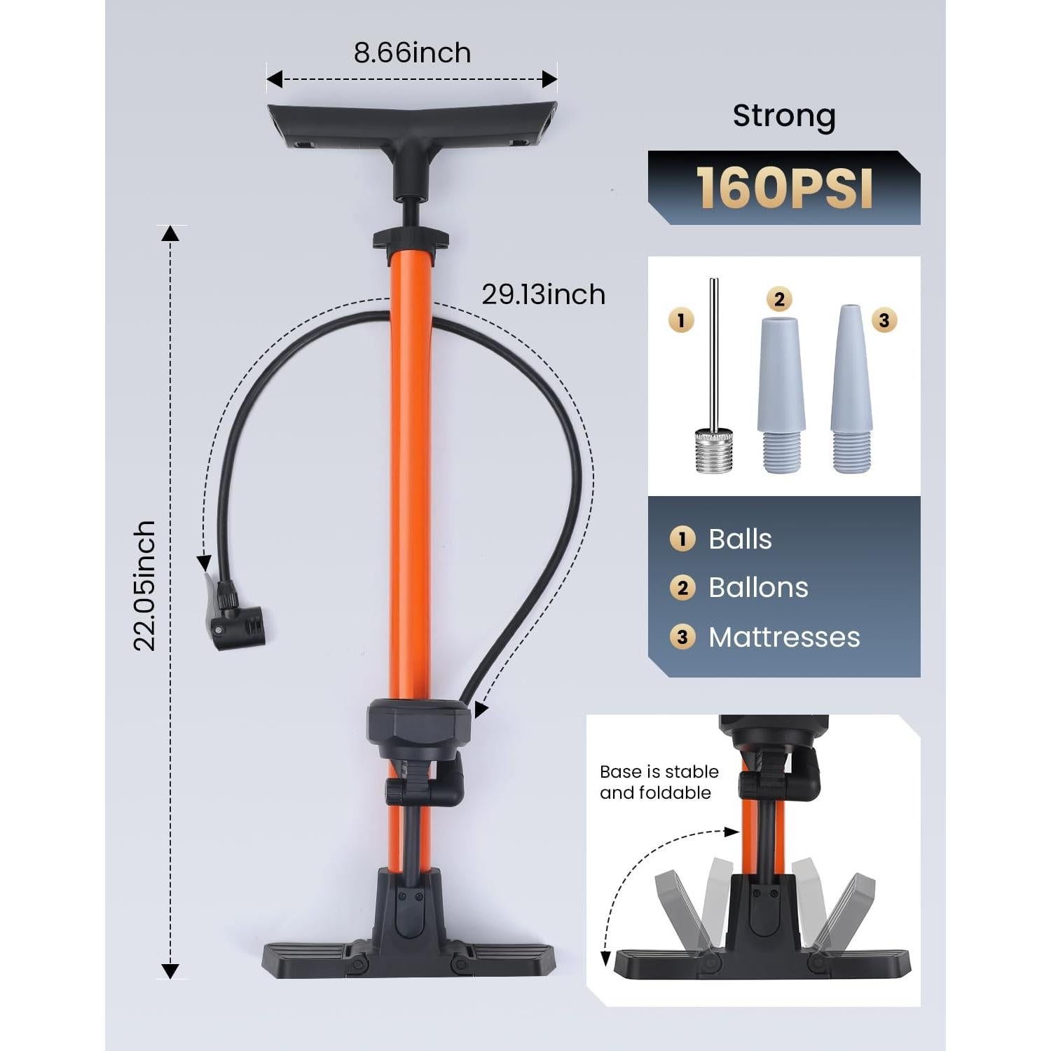 Bomba de Pie POWVINE ZD6132 160PSI con Manómetro para Bicicleta