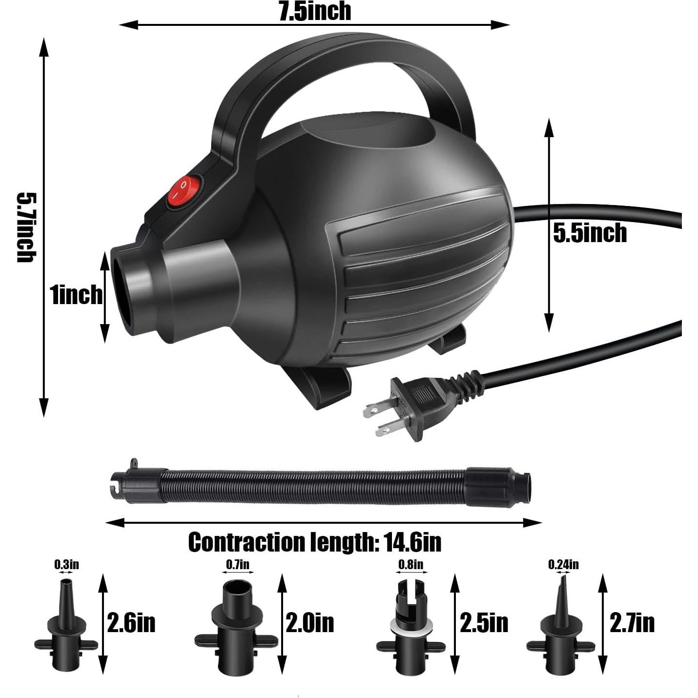 Portable Electric Air Pump 600W Fast Inflation Pump with Hose 4 Nozzles 110-120V AC Air Pump for Air Mats Inflatable Mats Gymnastics Mats Pool Toys