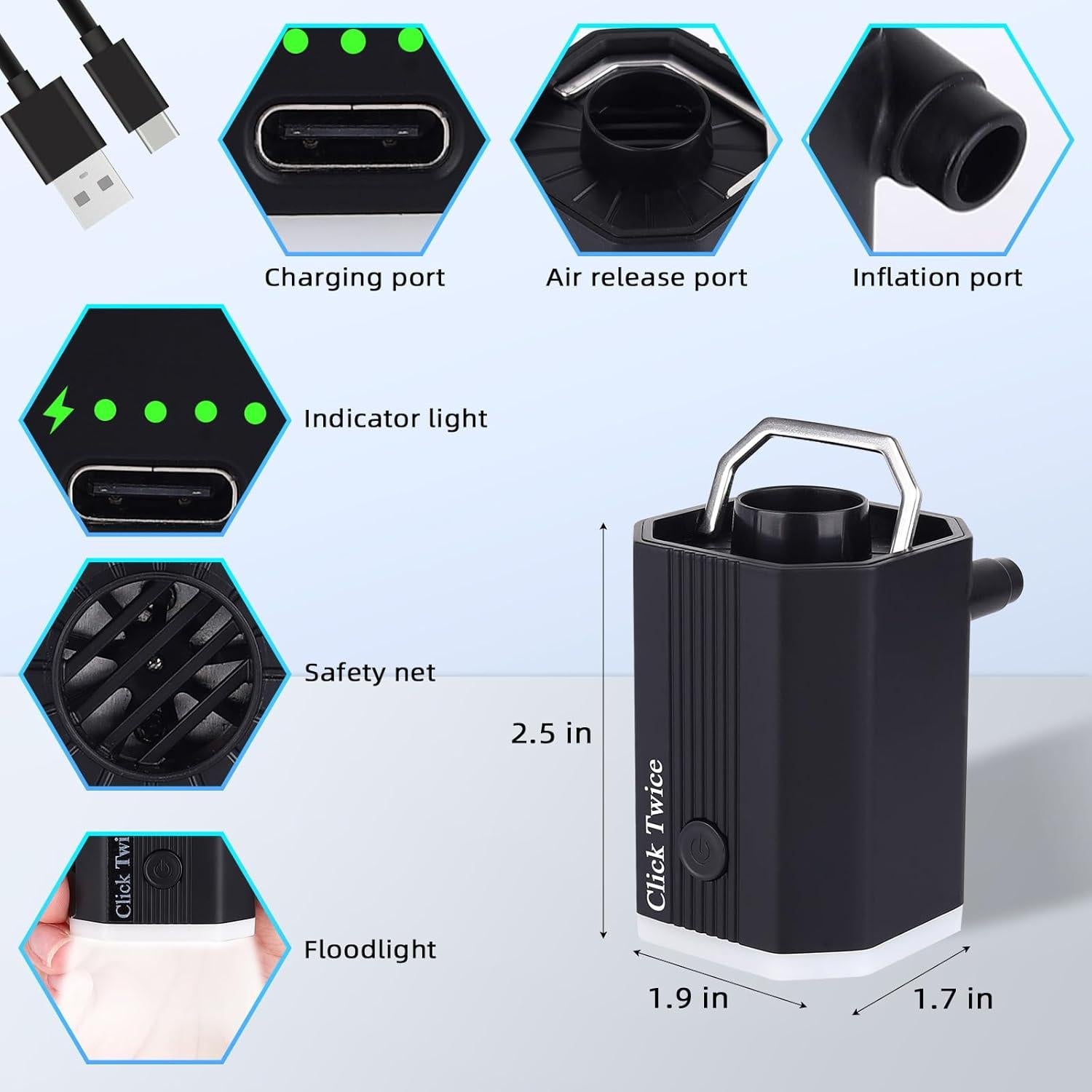 Mini and Portable Air Pump Tiny Pump with 1600mAh Battery USB Rechargeable to Portable Air Pump, Air Bed, Air Mattress Pump, Vacuum Storage Bags