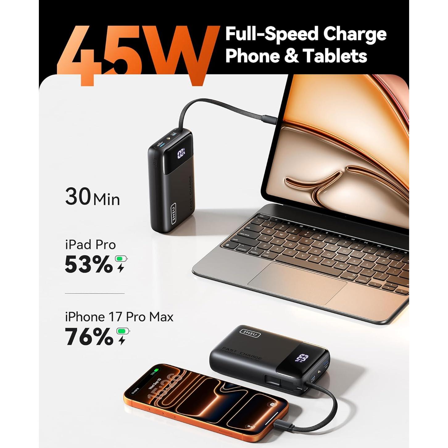 Cargador Portátil INIU 20000mAh 45W USB-C Integrado Negro